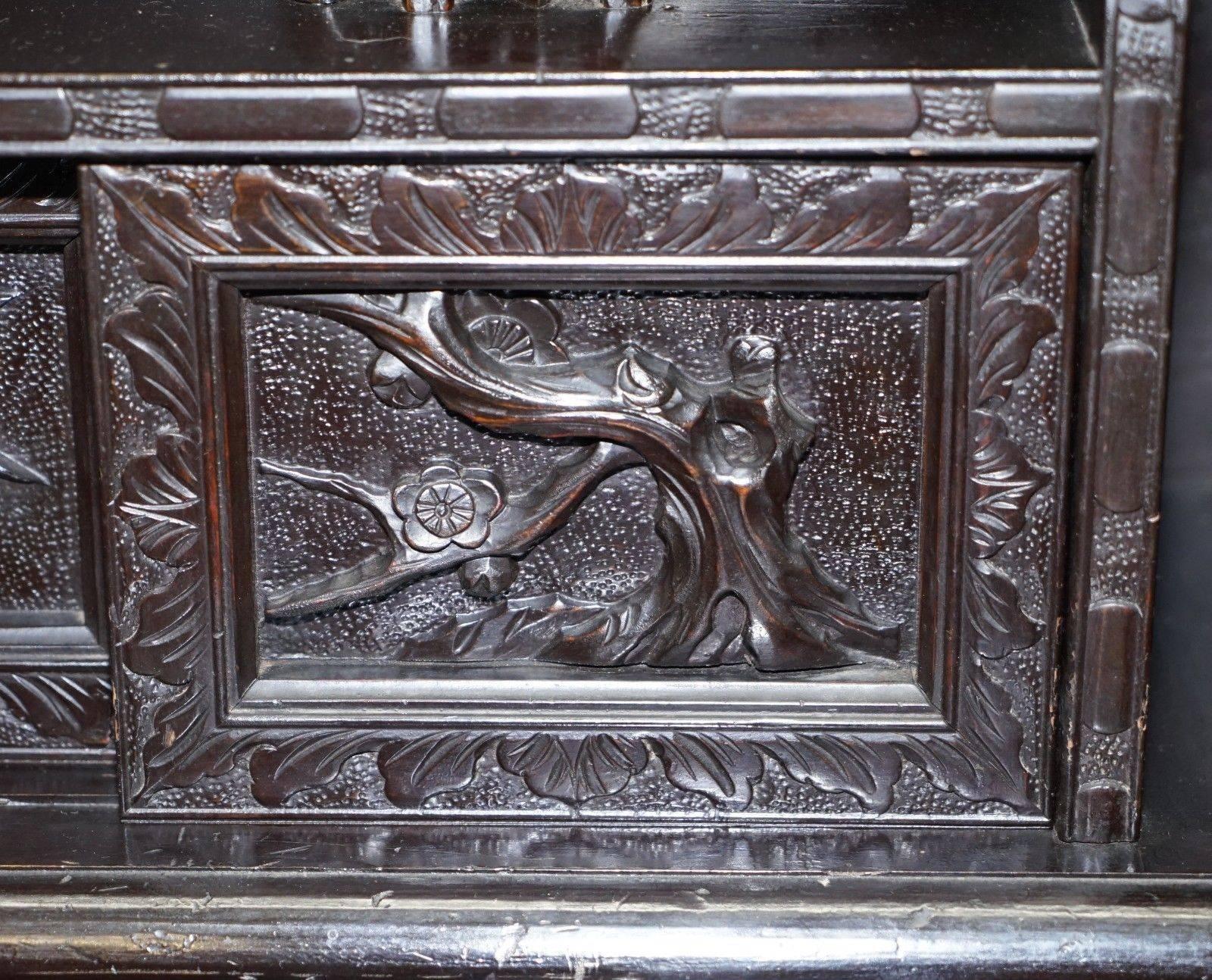 Rare circa 1900 Chinese Export Hand-Carved Writing Desk Ebonized Black Lacquer In Fair Condition In West Sussex, Pulborough