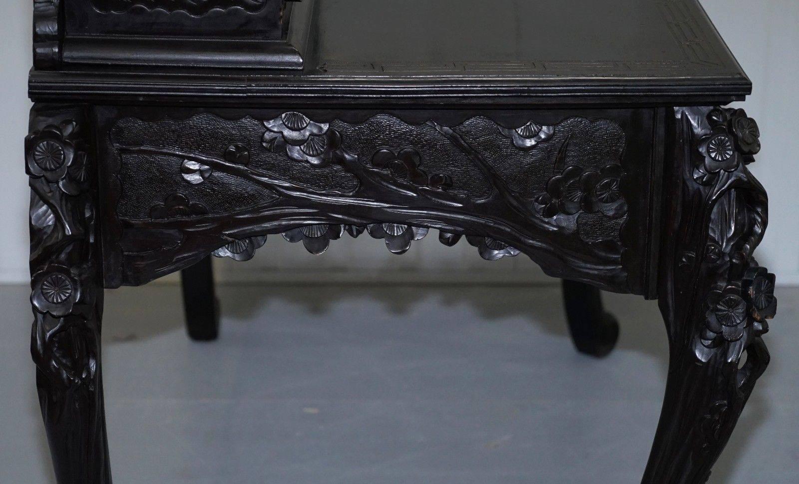 Rare circa 1900 Chinese Export Hand-Carved Writing Desk Ebonized Black Lacquer 1