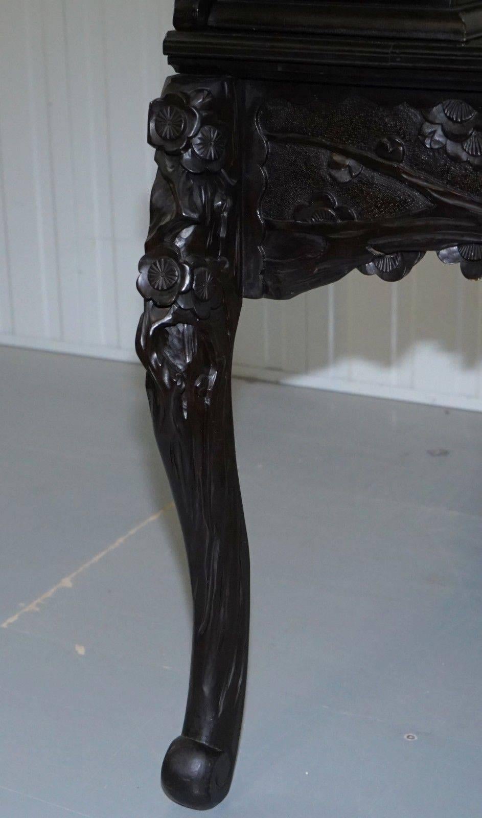 Rare circa 1900 Chinese Export Hand-Carved Writing Desk Ebonized Black Lacquer 1