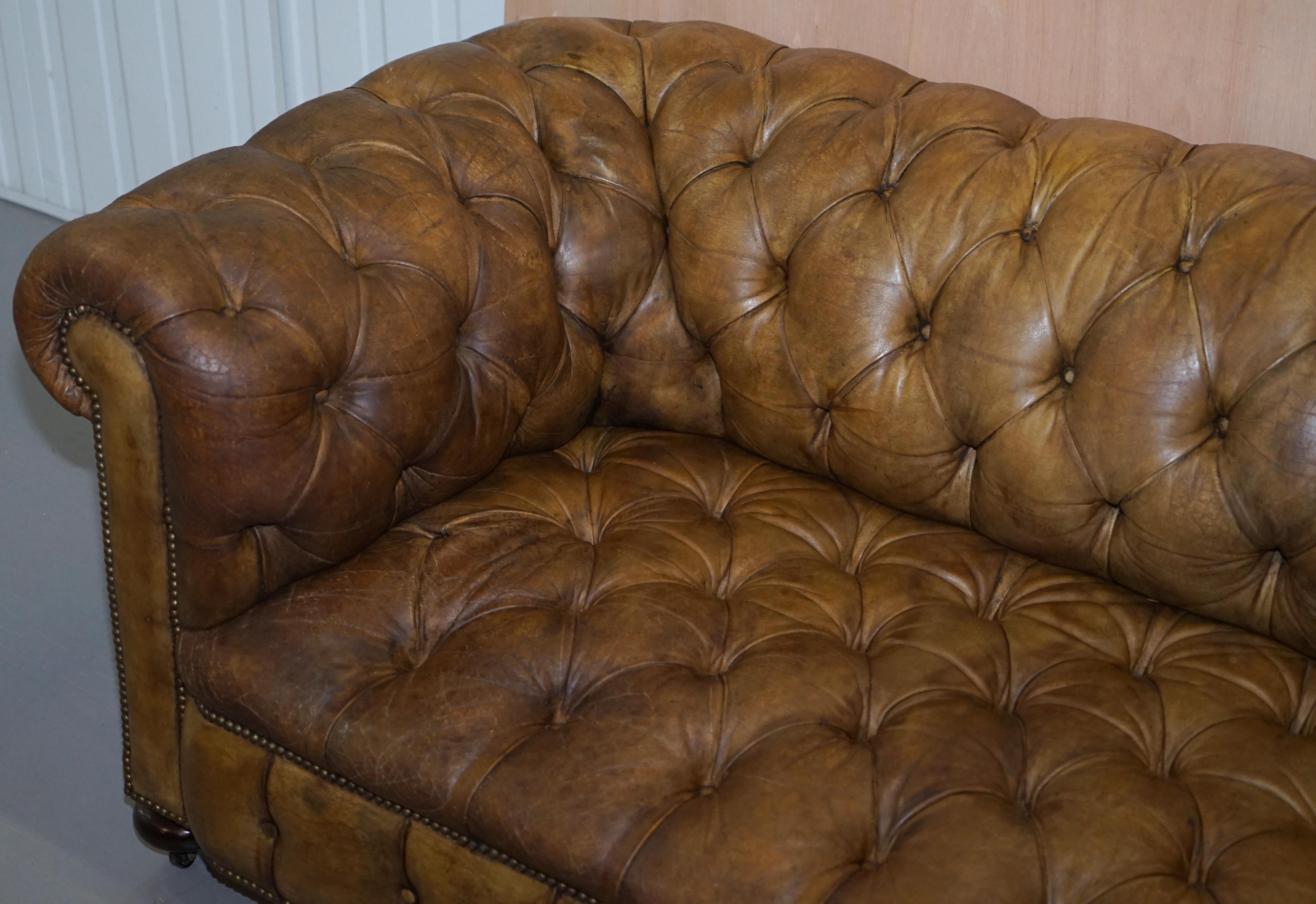English Rare circa 1900 Fully Buttoned Chesterfield Sofa Original Leather Upholstery