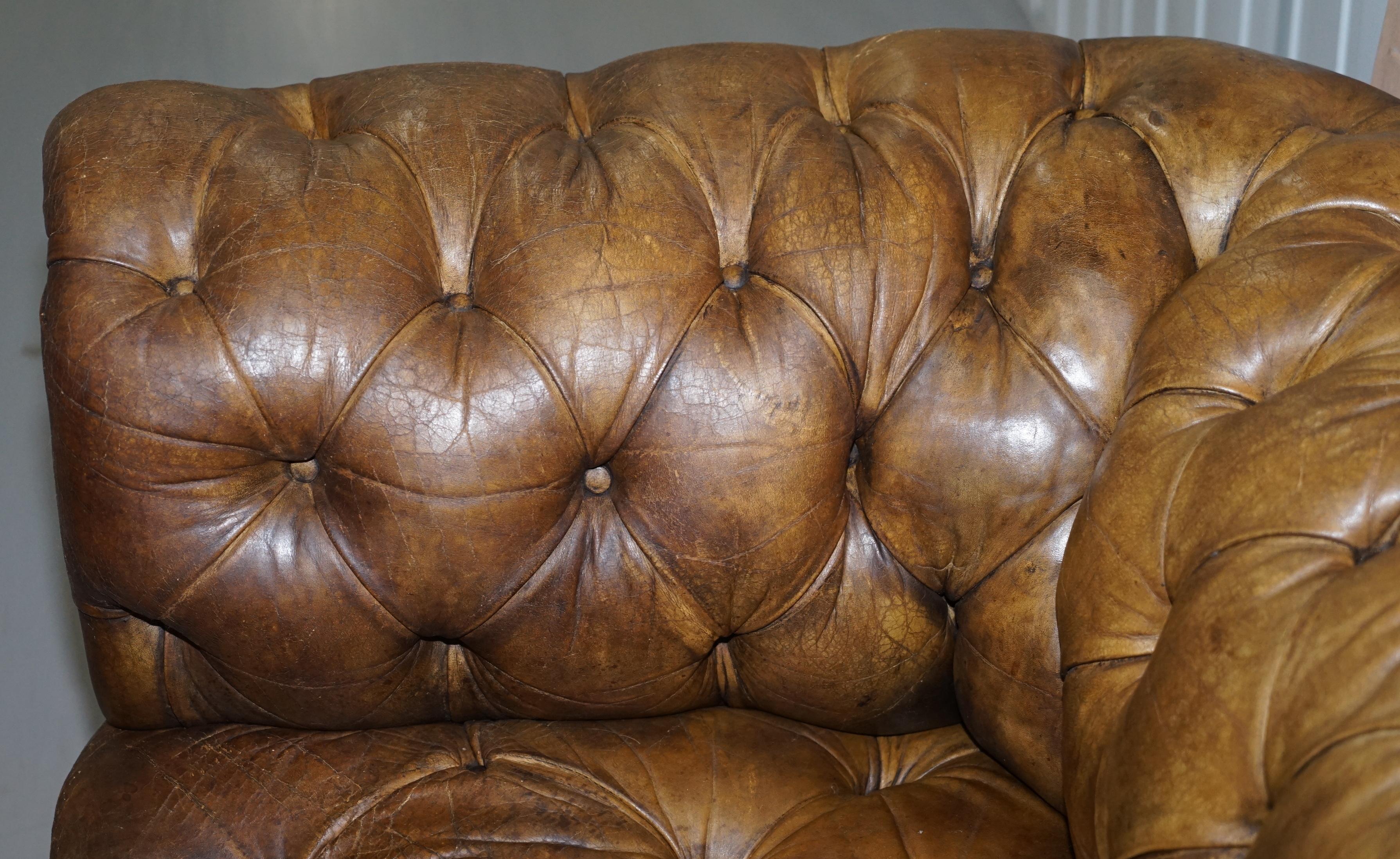 Rare circa 1900 Fully Buttoned Chesterfield Sofa Original Leather Upholstery 1