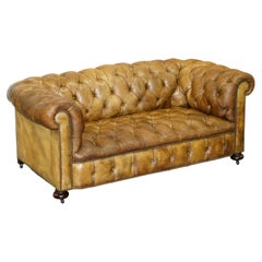 Used Rare circa 1900 Fully Buttoned Chesterfield Sofa Original Leather Upholstery