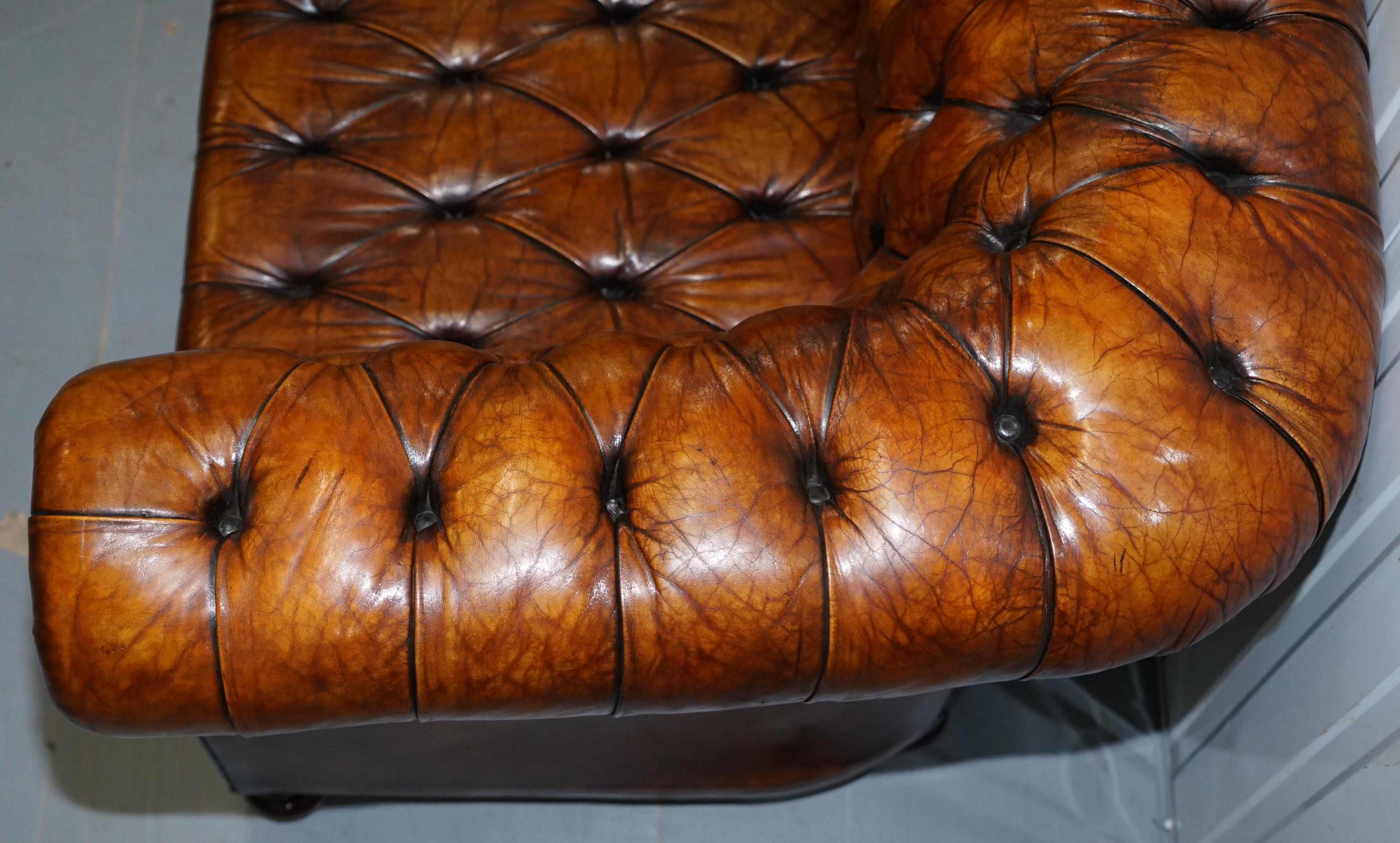 Rare circa 1900 Hand Dyed Fully Restored Whisky Brown Leather Chesterfield Club 5