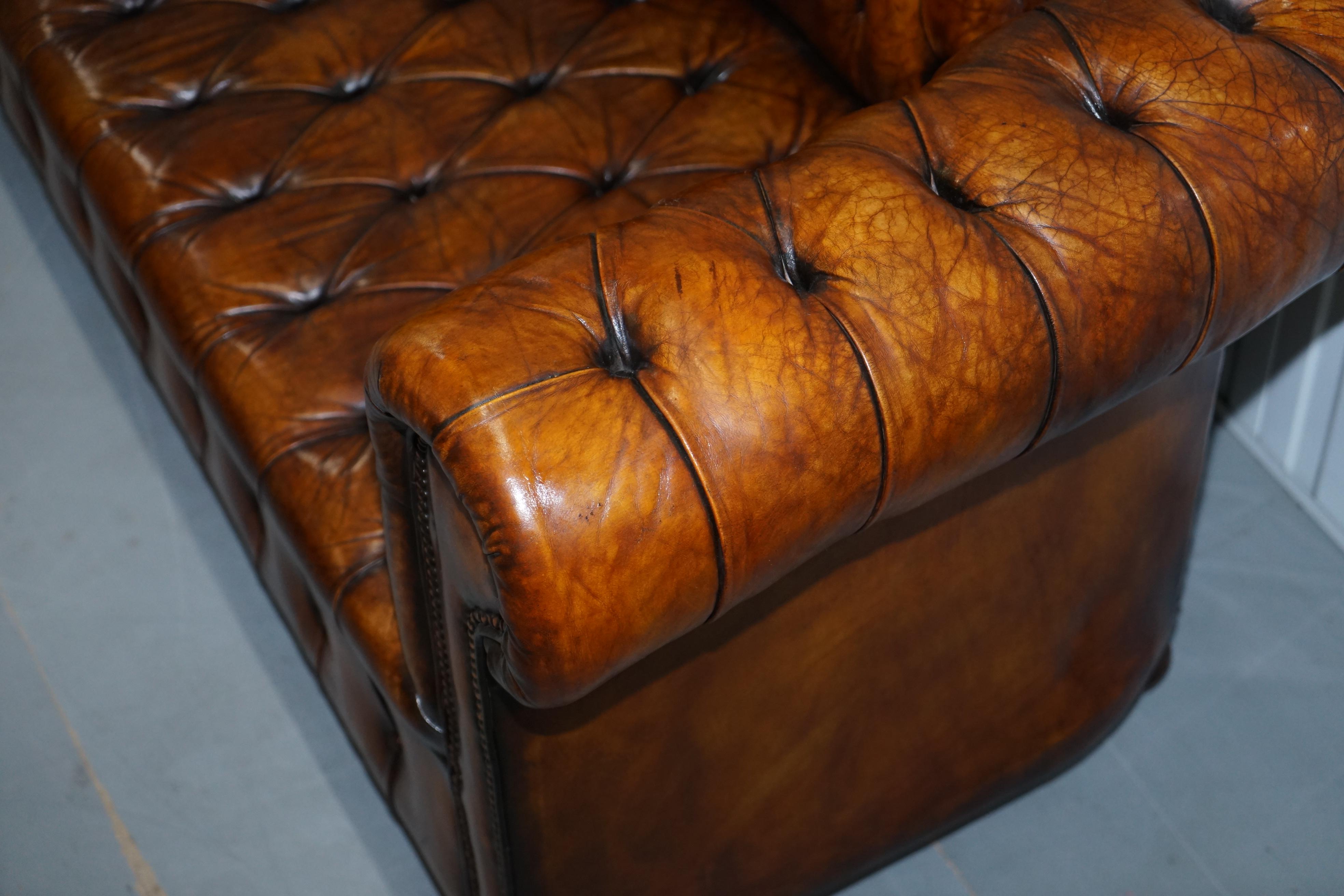Rare circa 1900 Hand Dyed Fully Restored Whisky Brown Leather Chesterfield Club 6