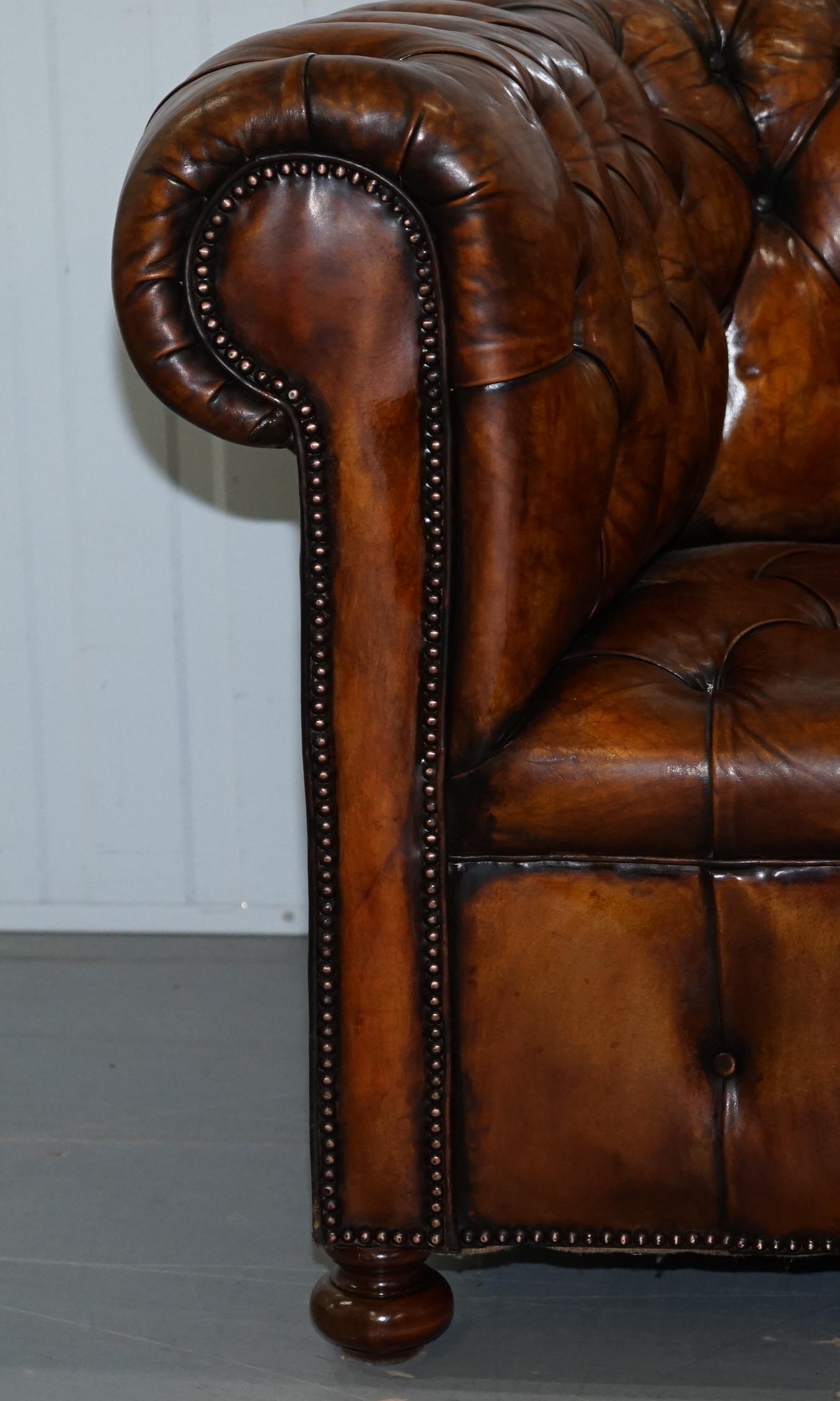 Rare circa 1900 Hand Dyed Fully Restored Whisky Brown Leather Chesterfield Club 7