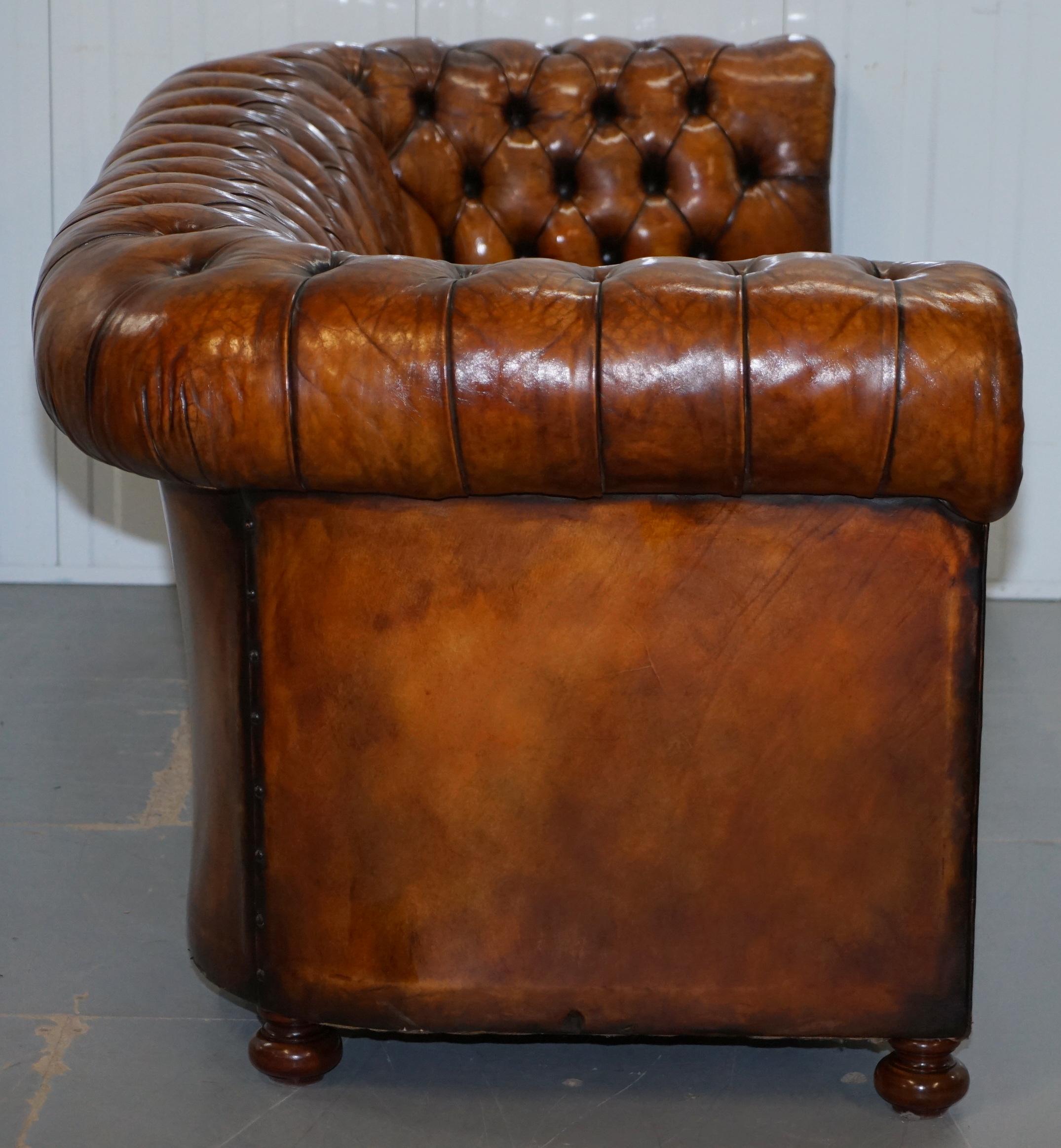 Rare circa 1900 Hand Dyed Fully Restored Whisky Brown Leather Chesterfield Club 11