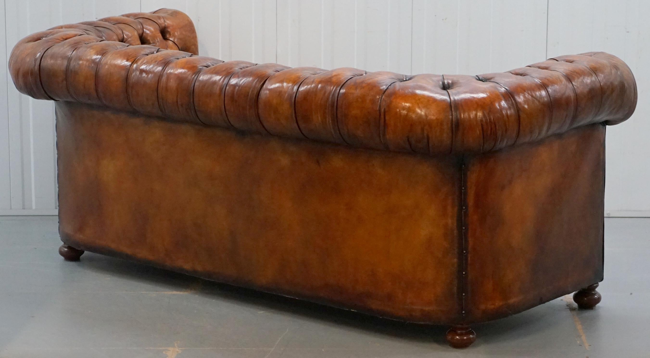 Rare circa 1900 Hand Dyed Fully Restored Whisky Brown Leather Chesterfield Club 12