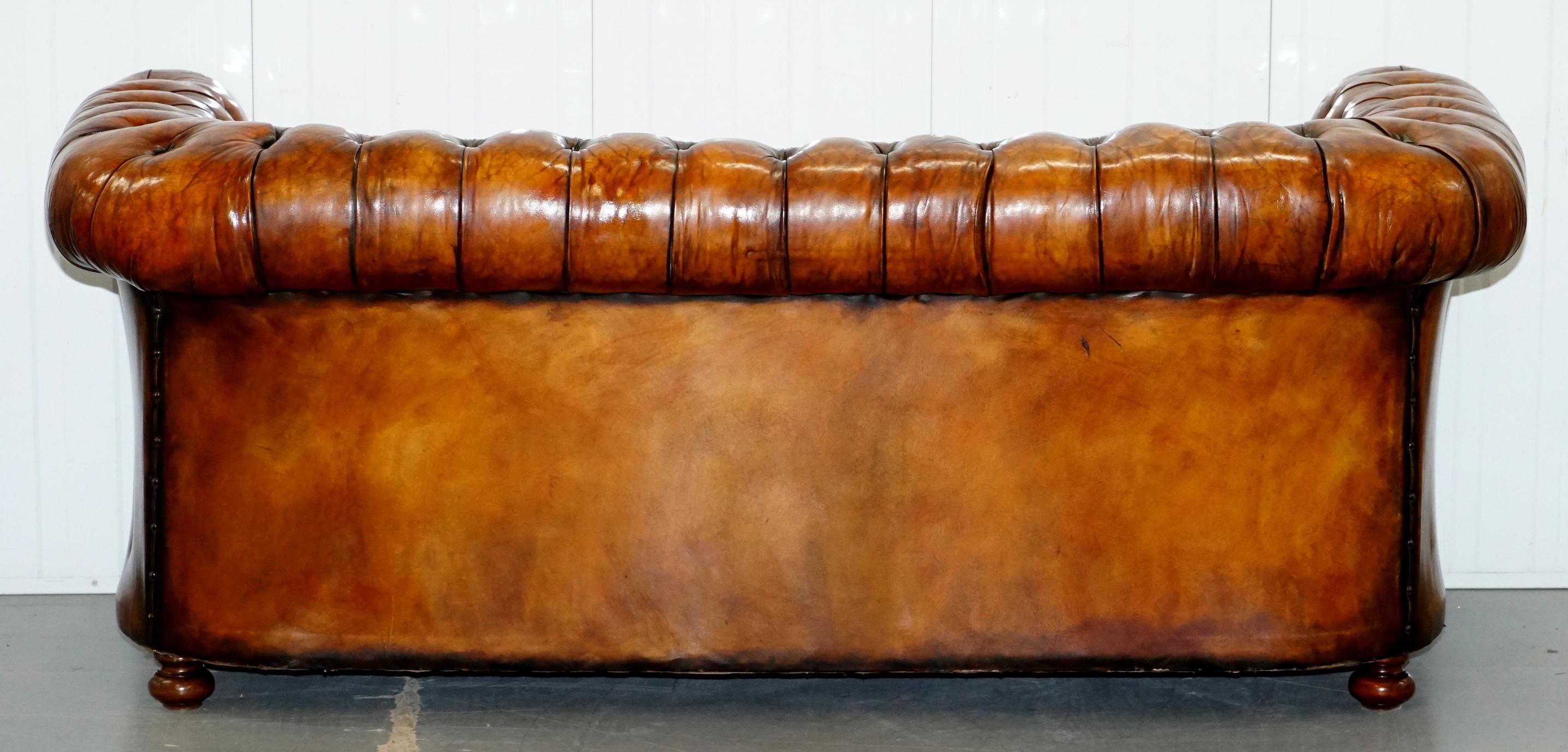 Rare circa 1900 Hand Dyed Fully Restored Whisky Brown Leather Chesterfield Club 13