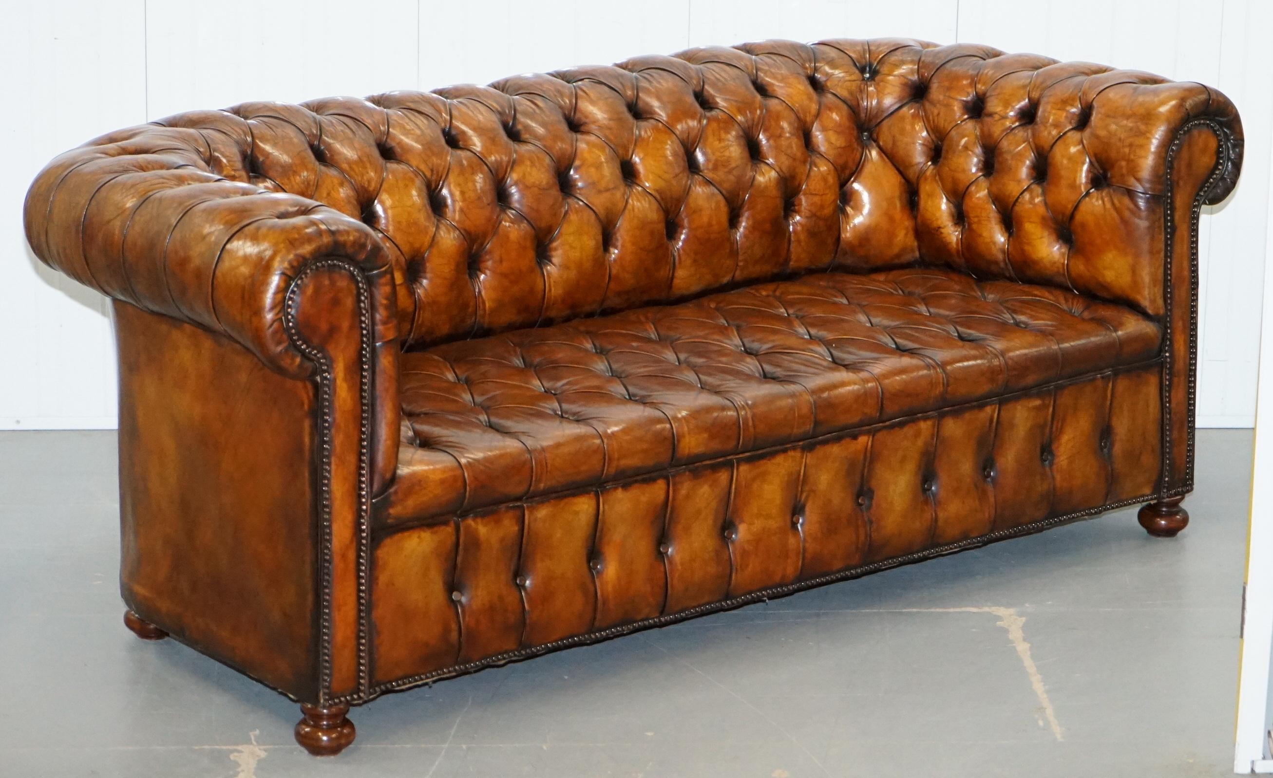 We are delighted to offer for sale this exceptionally rare original 1900's Whisky brown leather Chesterfield club sofa in newly restored condition with fully buttoned base and the best colour finish of all my current stock

This is a really very