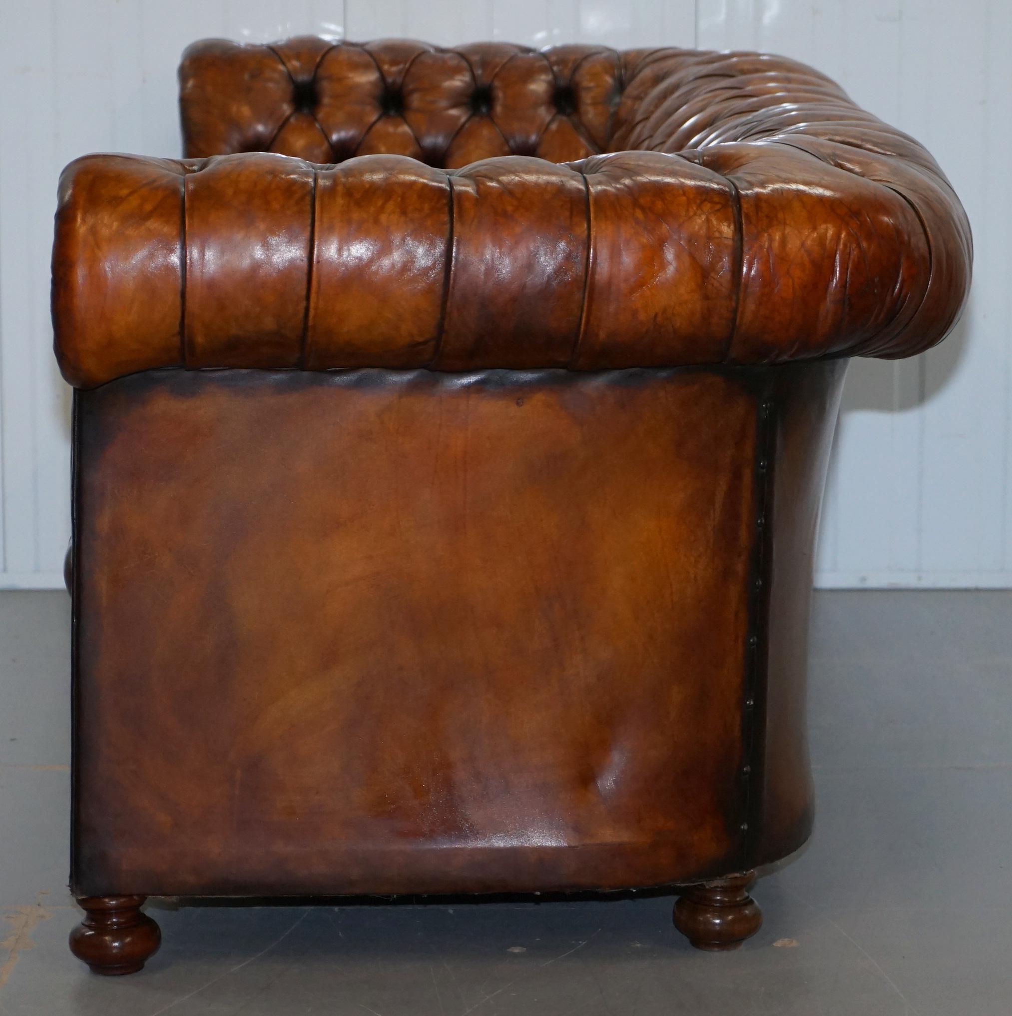 Rare circa 1900 Hand Dyed Fully Restored Whisky Brown Leather Chesterfield Club 14
