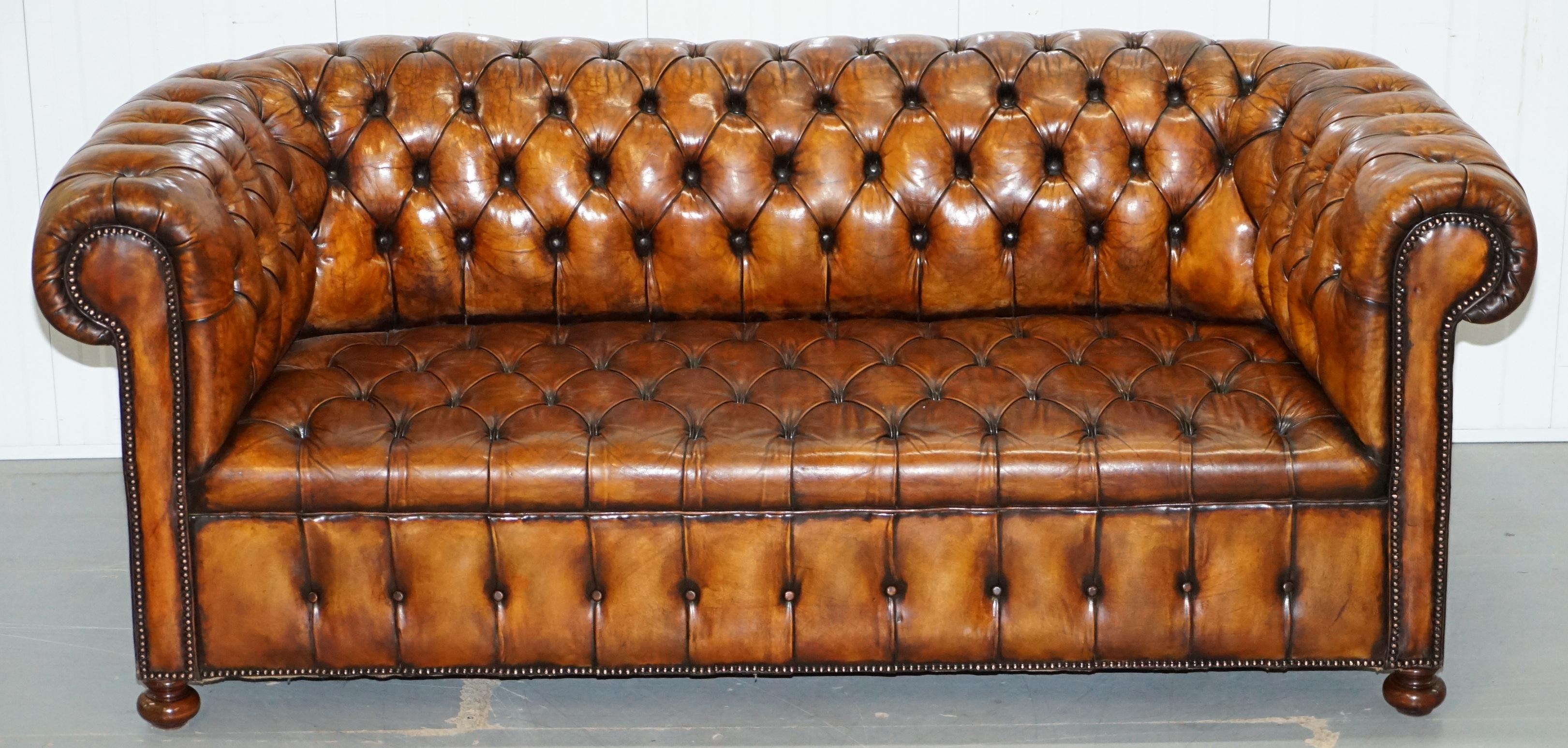 Victorian Rare circa 1900 Hand Dyed Fully Restored Whisky Brown Leather Chesterfield Club