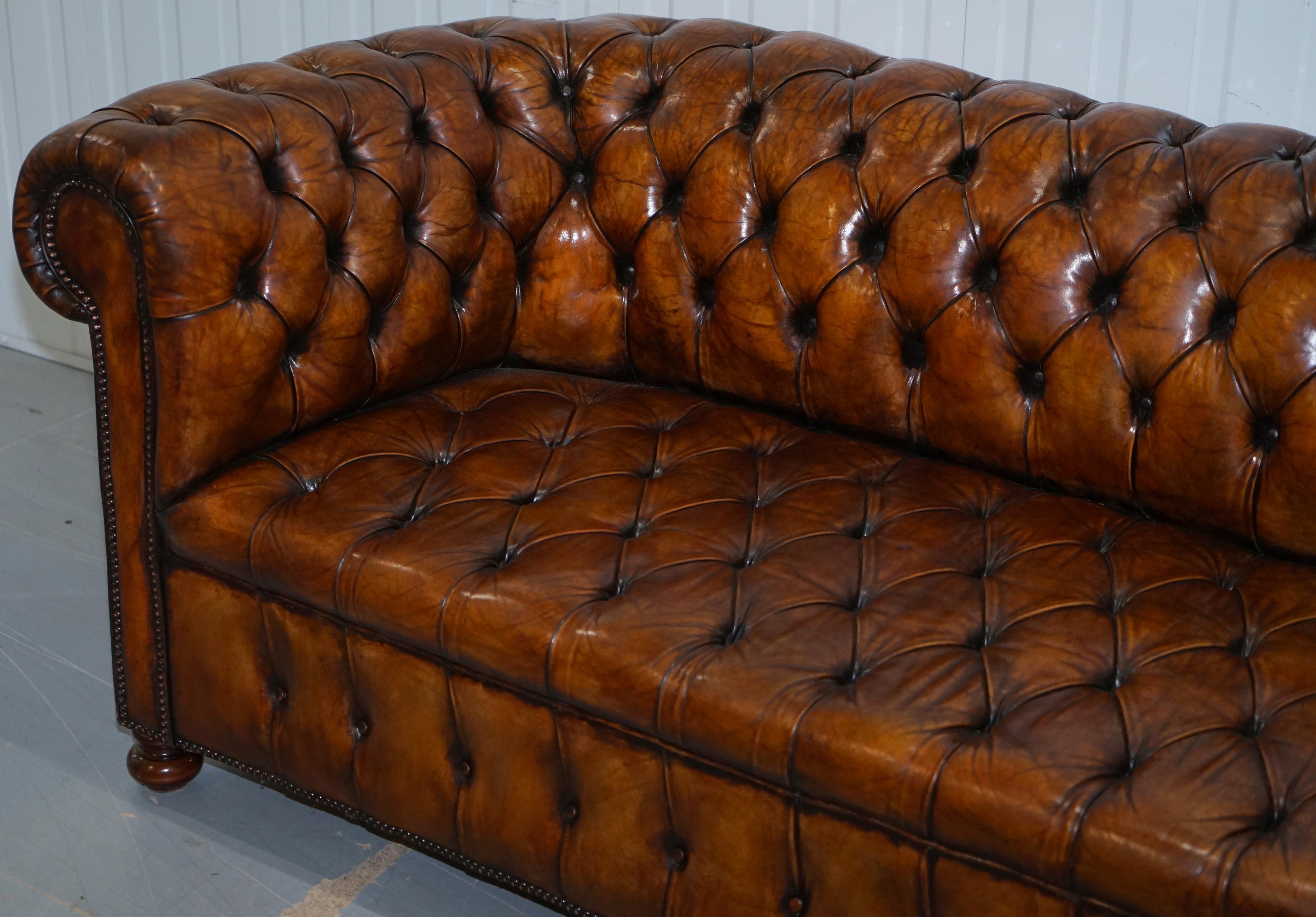 Hand-Crafted Rare circa 1900 Hand Dyed Fully Restored Whisky Brown Leather Chesterfield Club