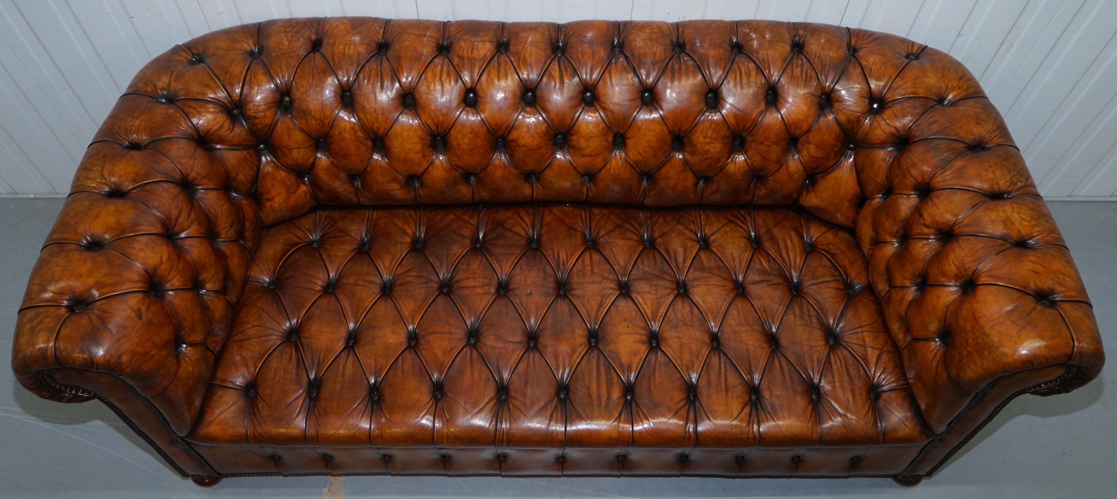 Early 20th Century Rare circa 1900 Hand Dyed Fully Restored Whisky Brown Leather Chesterfield Club