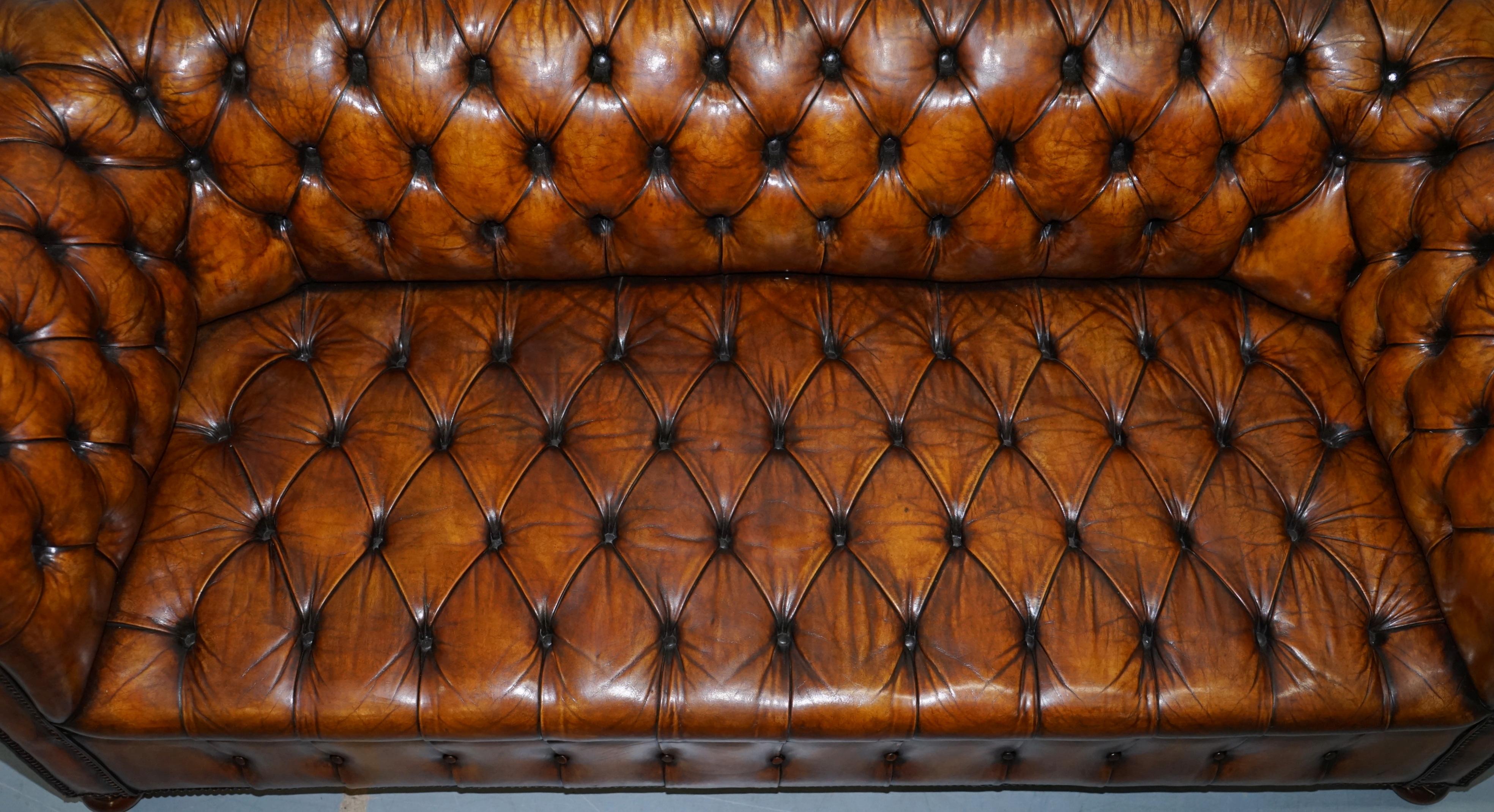 Rare circa 1900 Hand Dyed Fully Restored Whisky Brown Leather Chesterfield Club 1