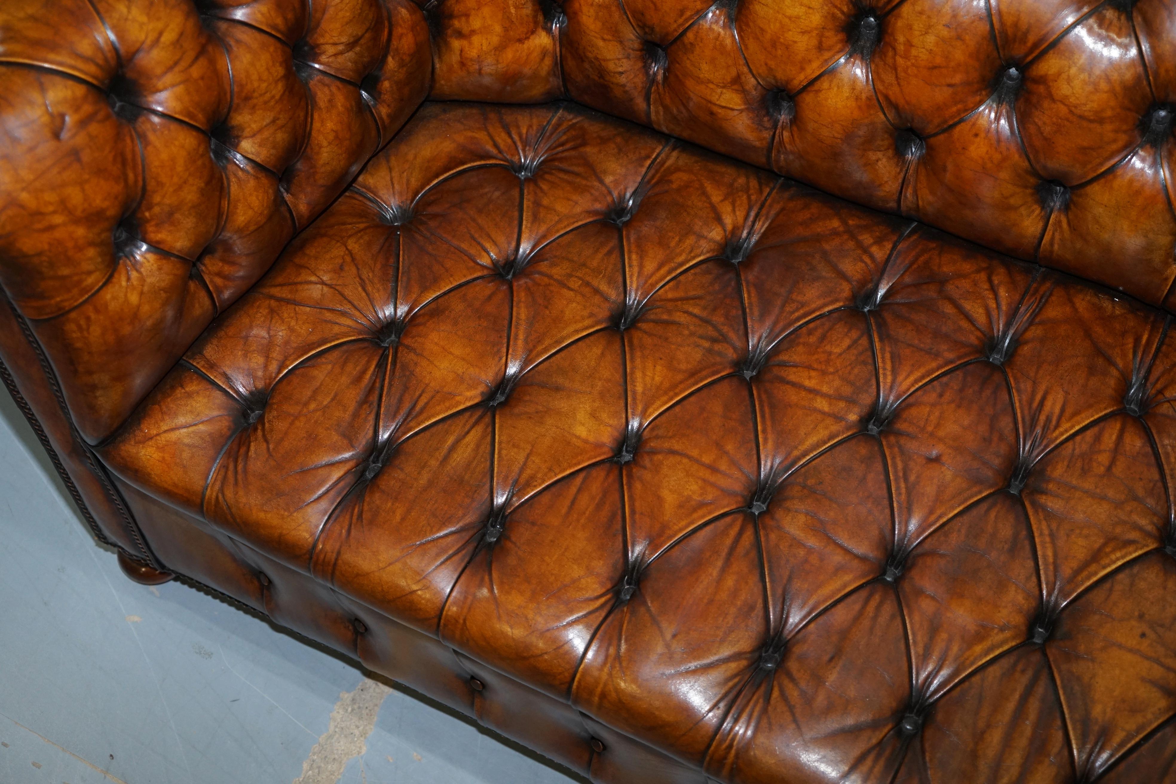 Rare circa 1900 Hand Dyed Fully Restored Whisky Brown Leather Chesterfield Club 2