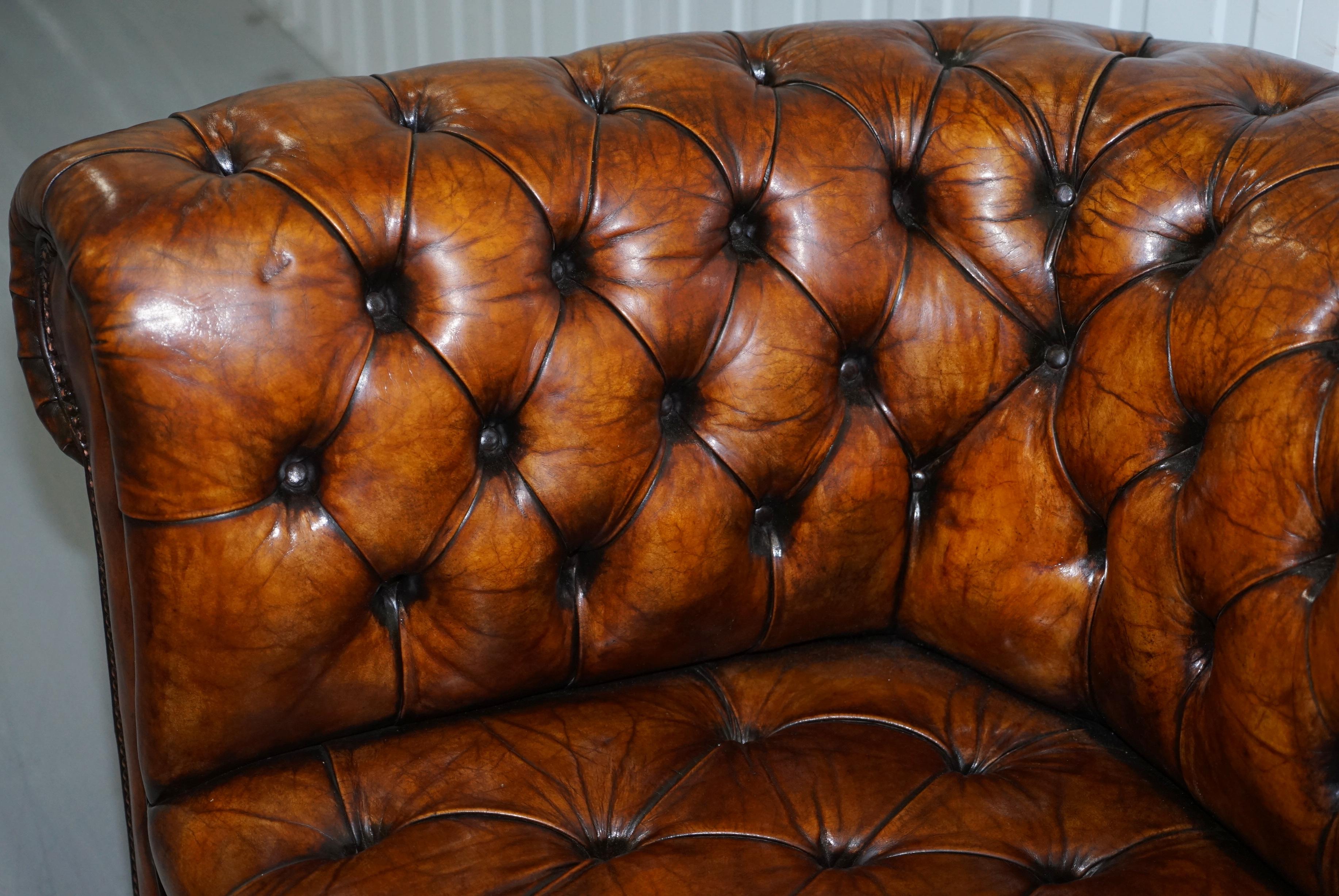 Rare circa 1900 Hand Dyed Fully Restored Whisky Brown Leather Chesterfield Club 3