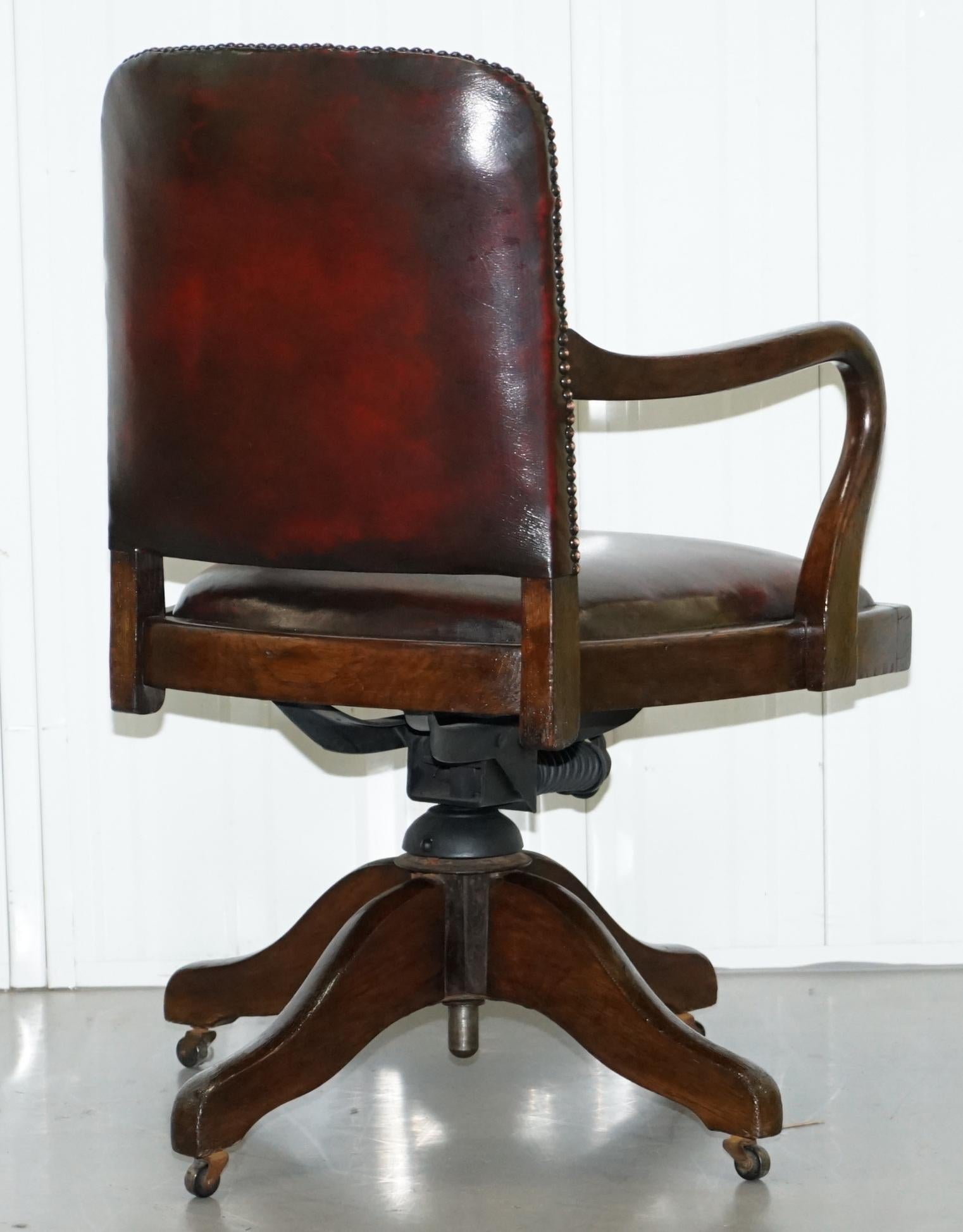 Rare circa 1910 Restored Oxblood Leather Office Captains Chair Solid Oak Frame 5