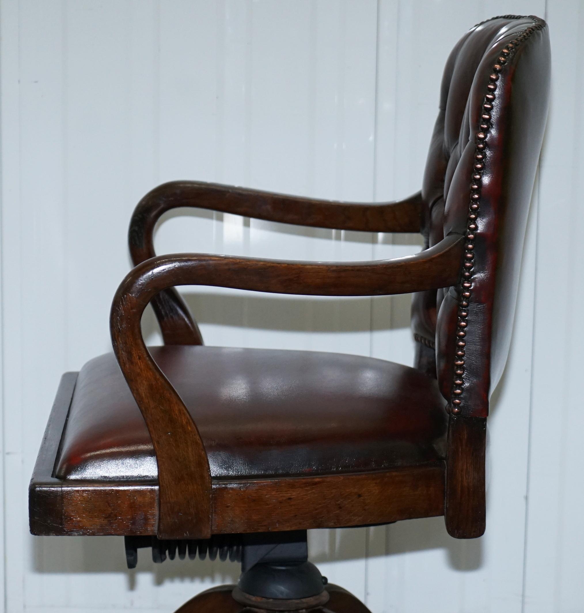 Rare circa 1910 Restored Oxblood Leather Office Captains Chair Solid Oak Frame 8