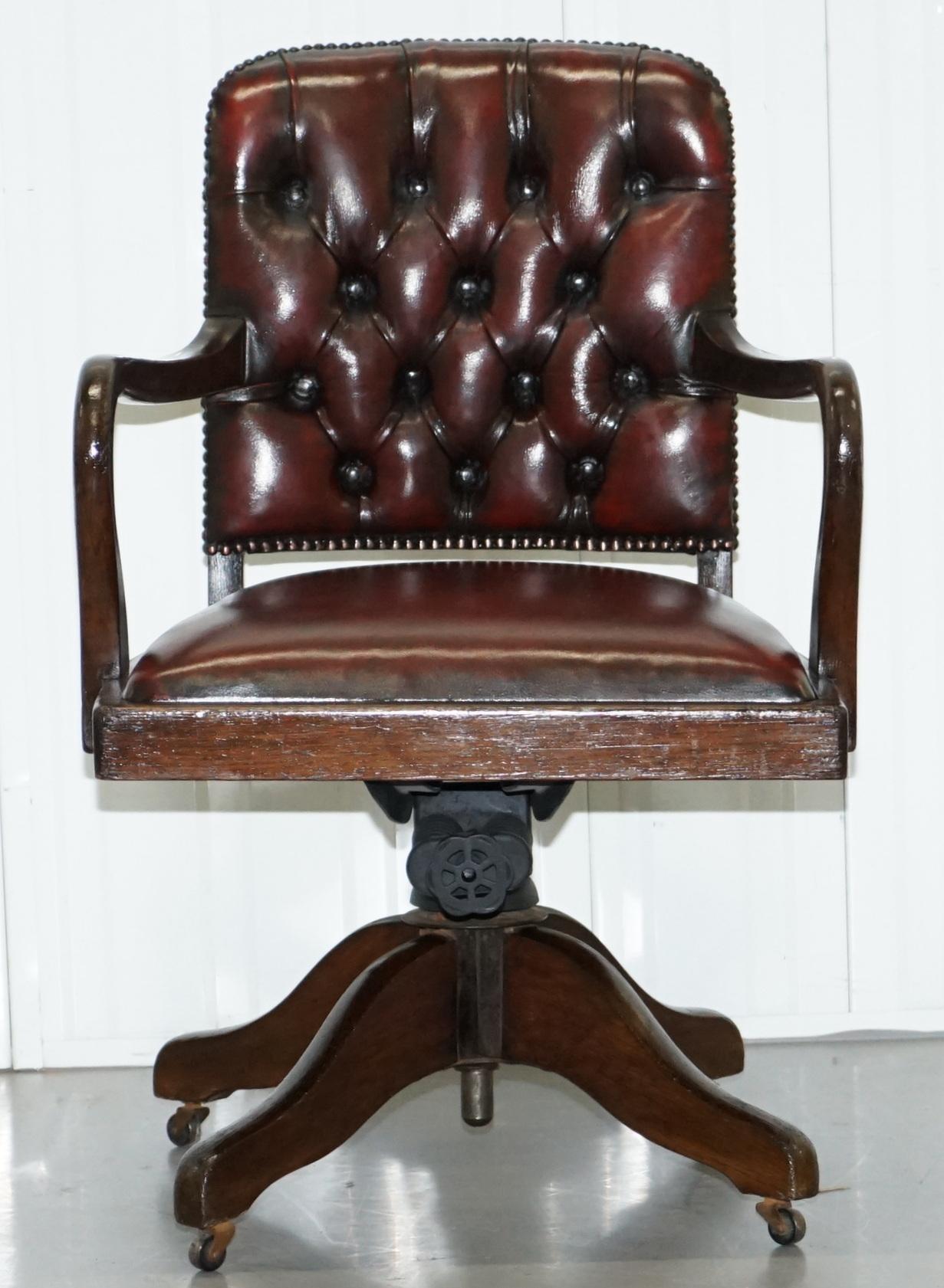 We are delighted to offer for sale this lovely period Edwardian Solid oak frame office captains chair with Chesterfield

A very good looking early piece, it has new leather upholstery which has been hand dyed this deep oxblood colour, the frame