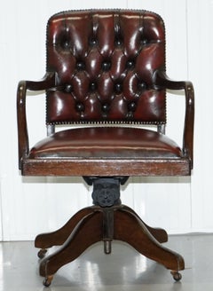 Rare circa 1910 Restored Oxblood Leather Office Captains Chair Solid Oak Frame