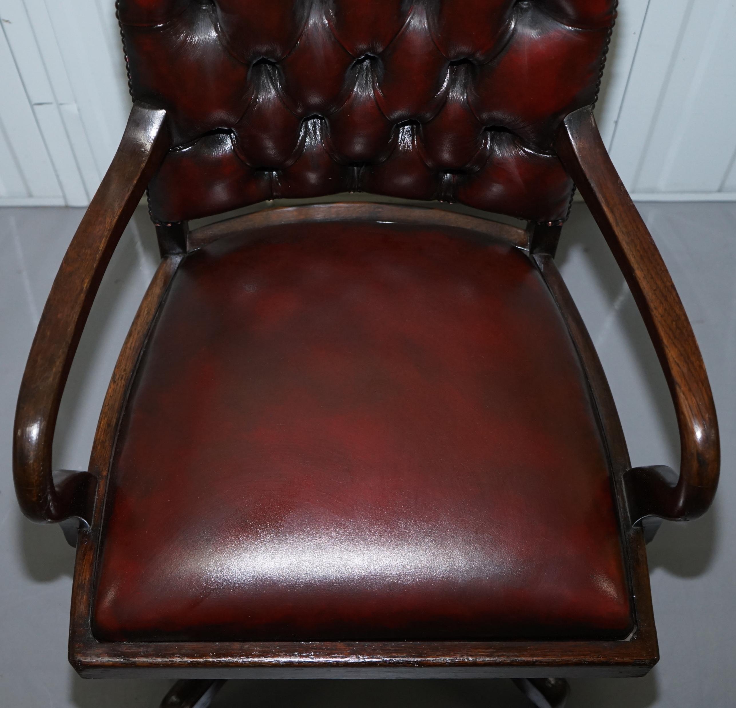 Edwardian Rare circa 1910 Restored Oxblood Leather Office Captains Chair Solid Oak Frame