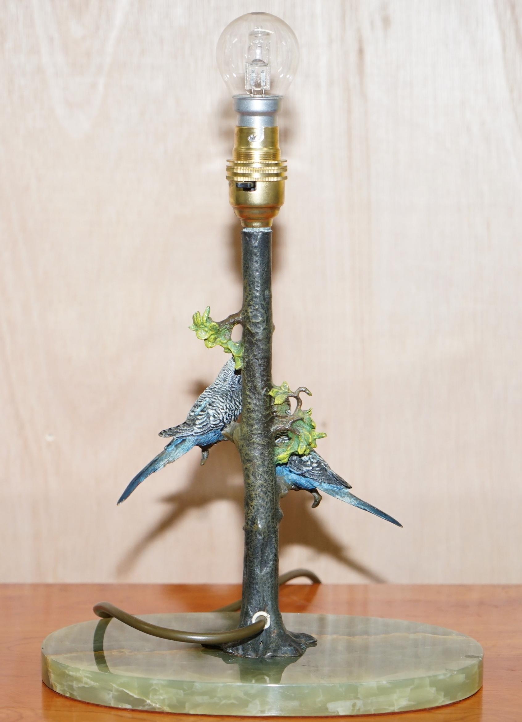 Early 20th Century Rare circa 1920 Cold Painted Bronze Lamp of Two Budgie Birds in Tree Onyx Base