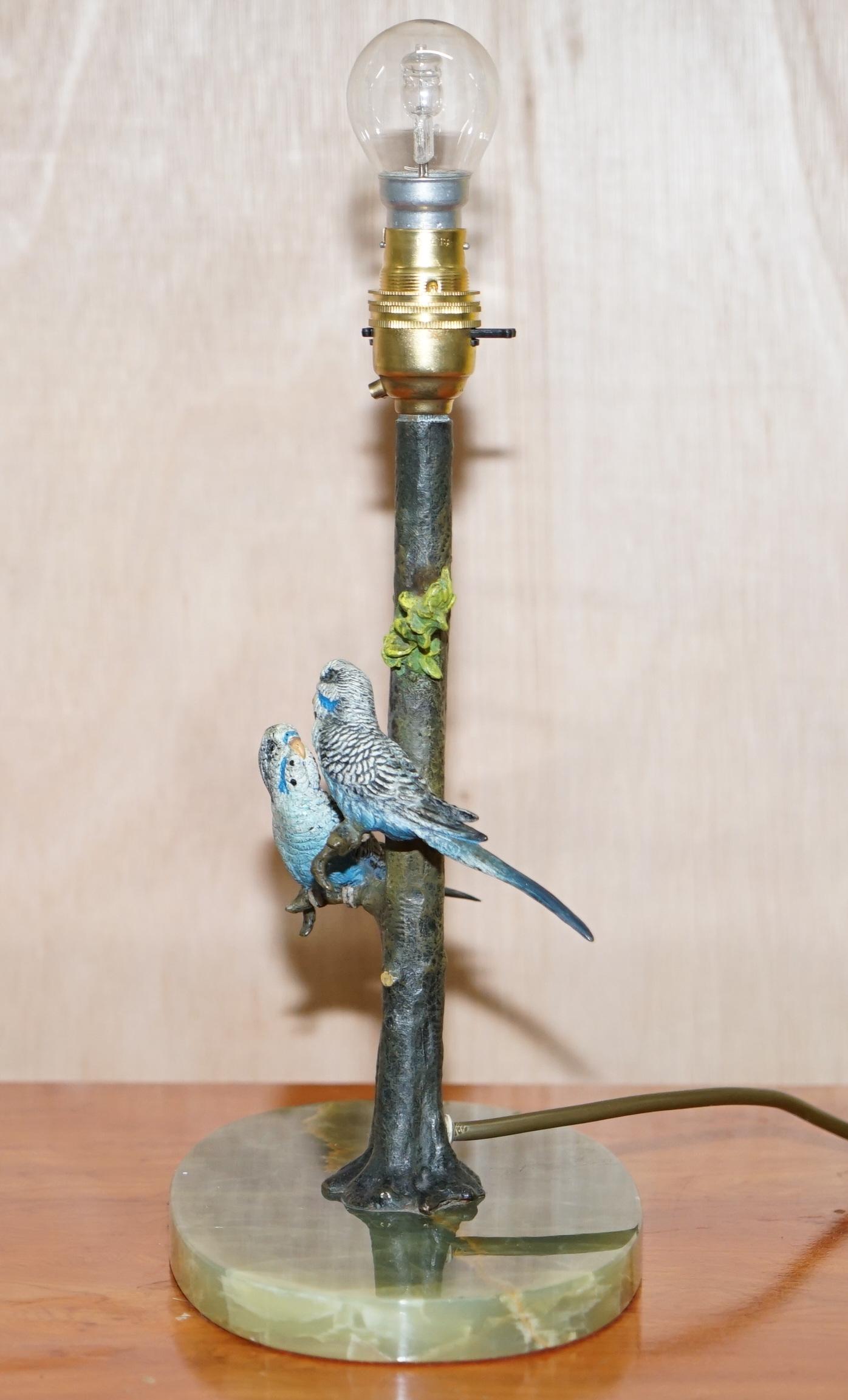 Rare circa 1920 Cold Painted Bronze Lamp of Two Budgie Birds in Tree Onyx Base 3