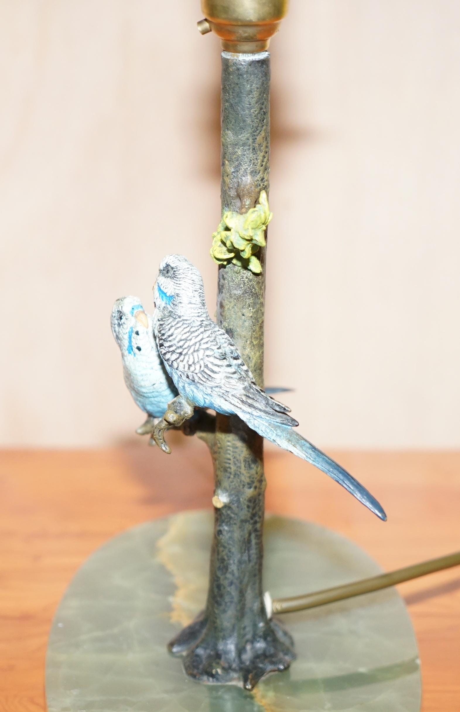 Rare circa 1920 Cold Painted Bronze Lamp of Two Budgie Birds in Tree Onyx Base 4