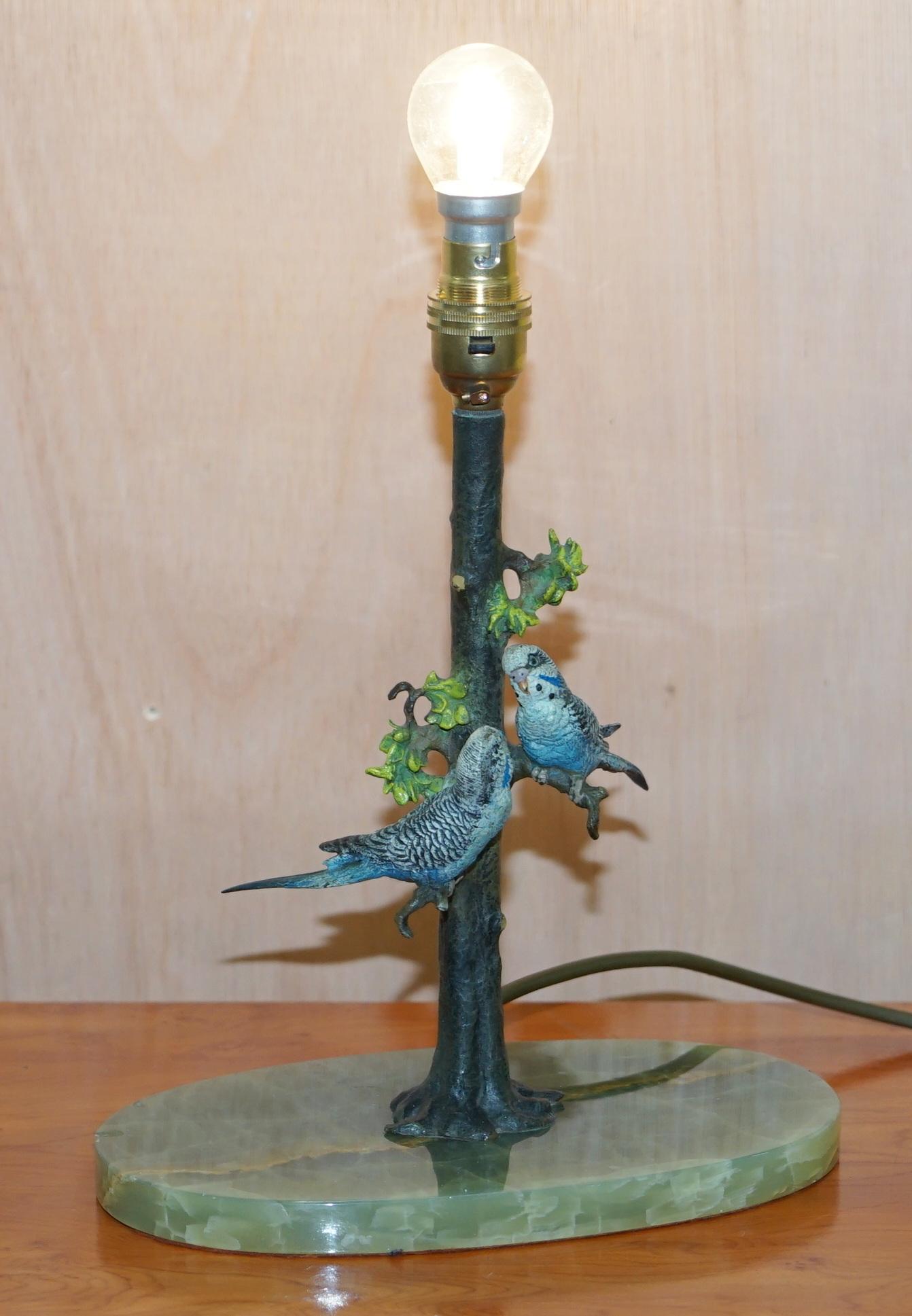 We are delighted to offer for sale this absolutely stunning circa 1920 cold painted Austrian bronze table lamp of two stunning blue budgies

I have two more of these lamps which are a matching pair with pheasants

This one is sublime, the