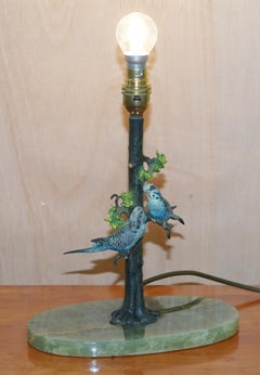 Rare circa 1920 Cold Painted Bronze Lamp of Two Budgie Birds in Tree Onyx Base