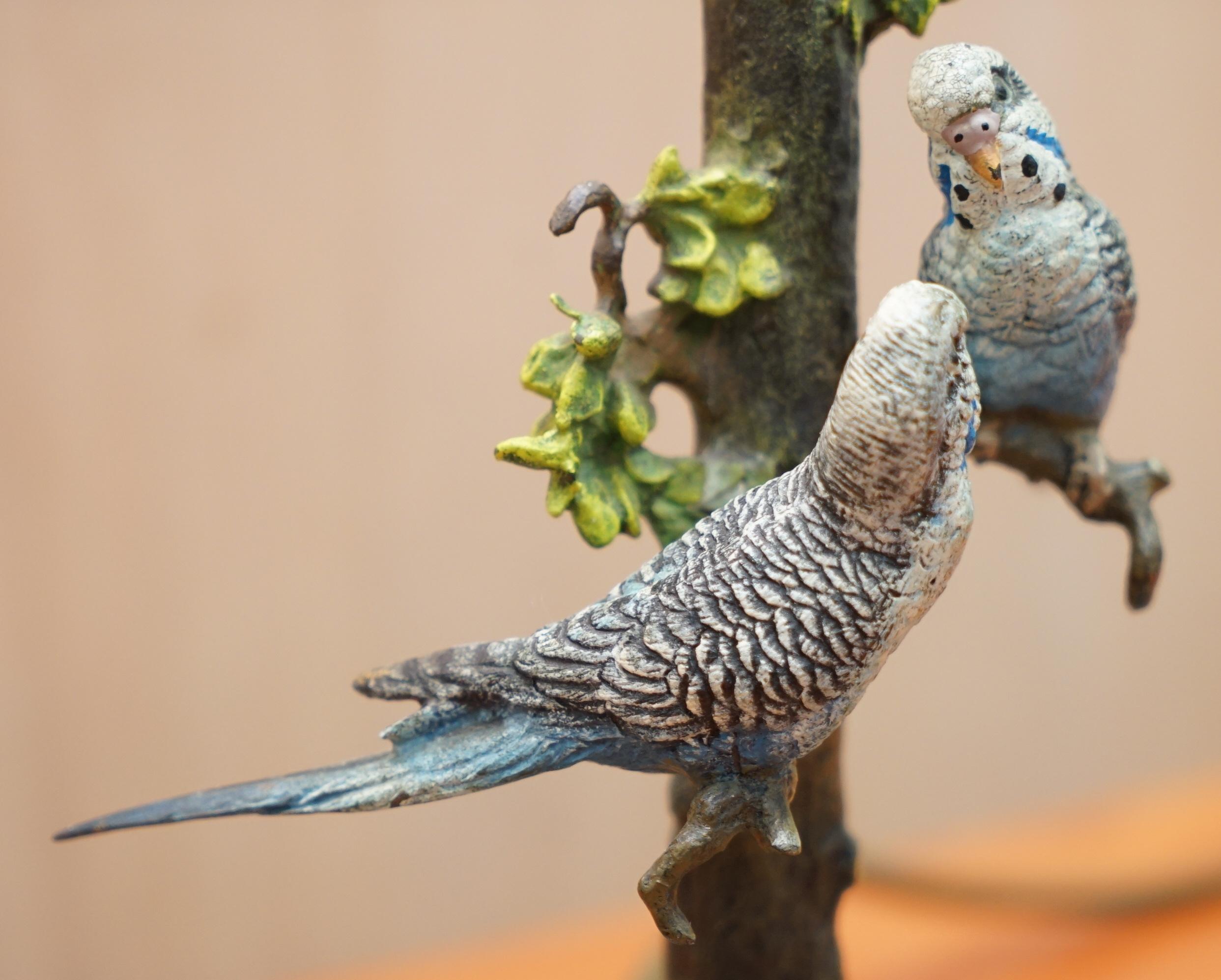 English Rare circa 1920 Cold Painted Bronze Lamp of Two Budgie Birds in Tree Onyx Base