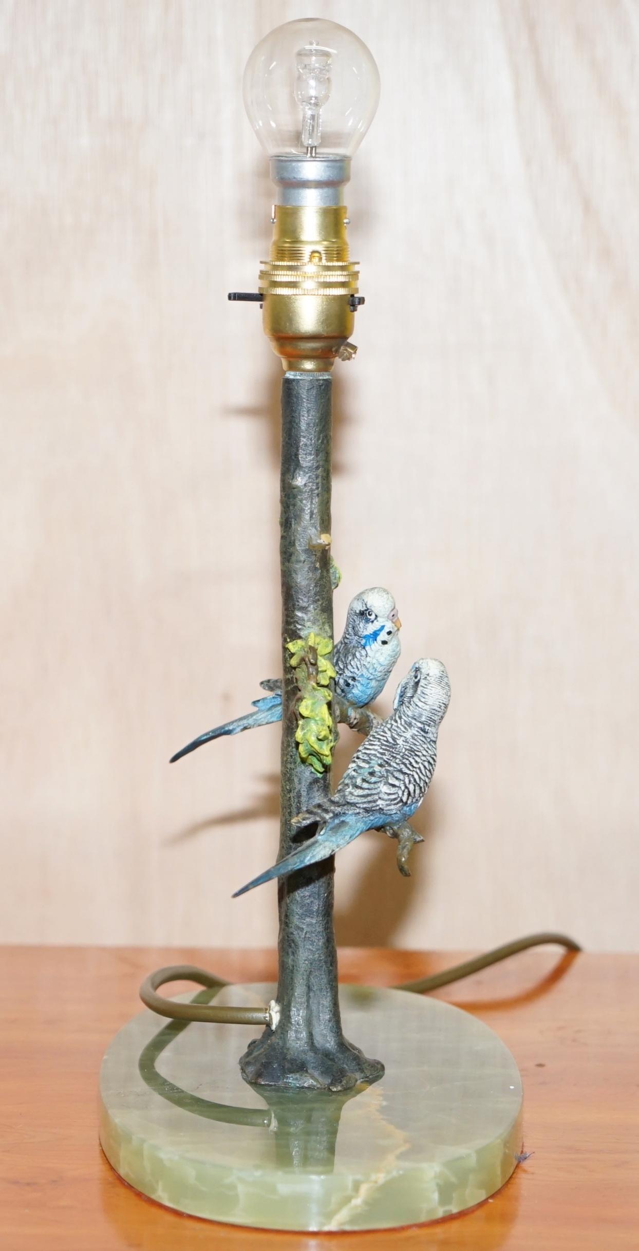 Hand-Crafted Rare circa 1920 Cold Painted Bronze Lamp of Two Budgie Birds in Tree Onyx Base