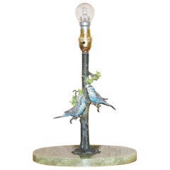 Rare circa 1920 Cold Painted Bronze Lamp of Two Budgie Birds in Tree Onyx Base