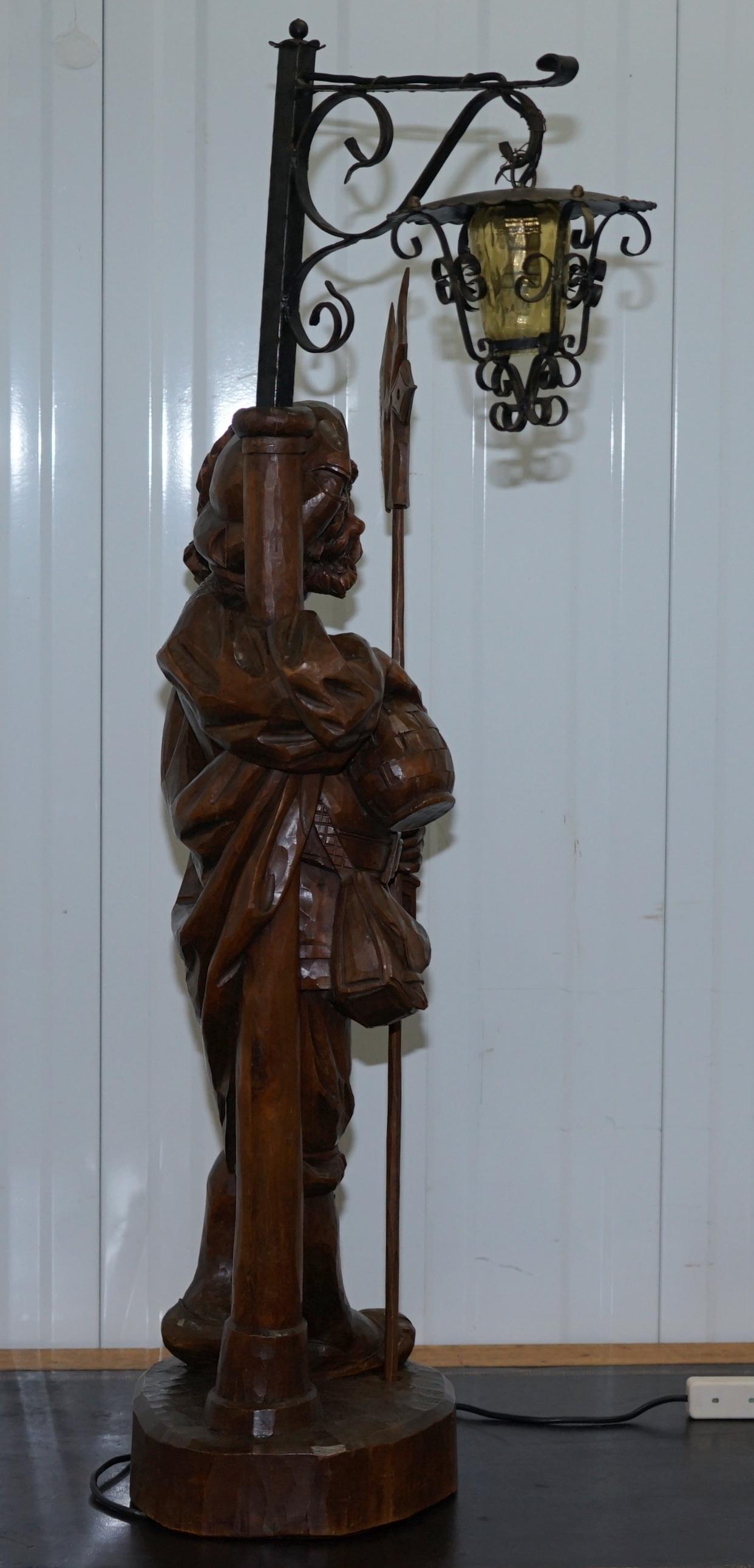 Rare circa 1920 Original Black Forest Hand Carved Wood Watchman Lamp For Sale 6