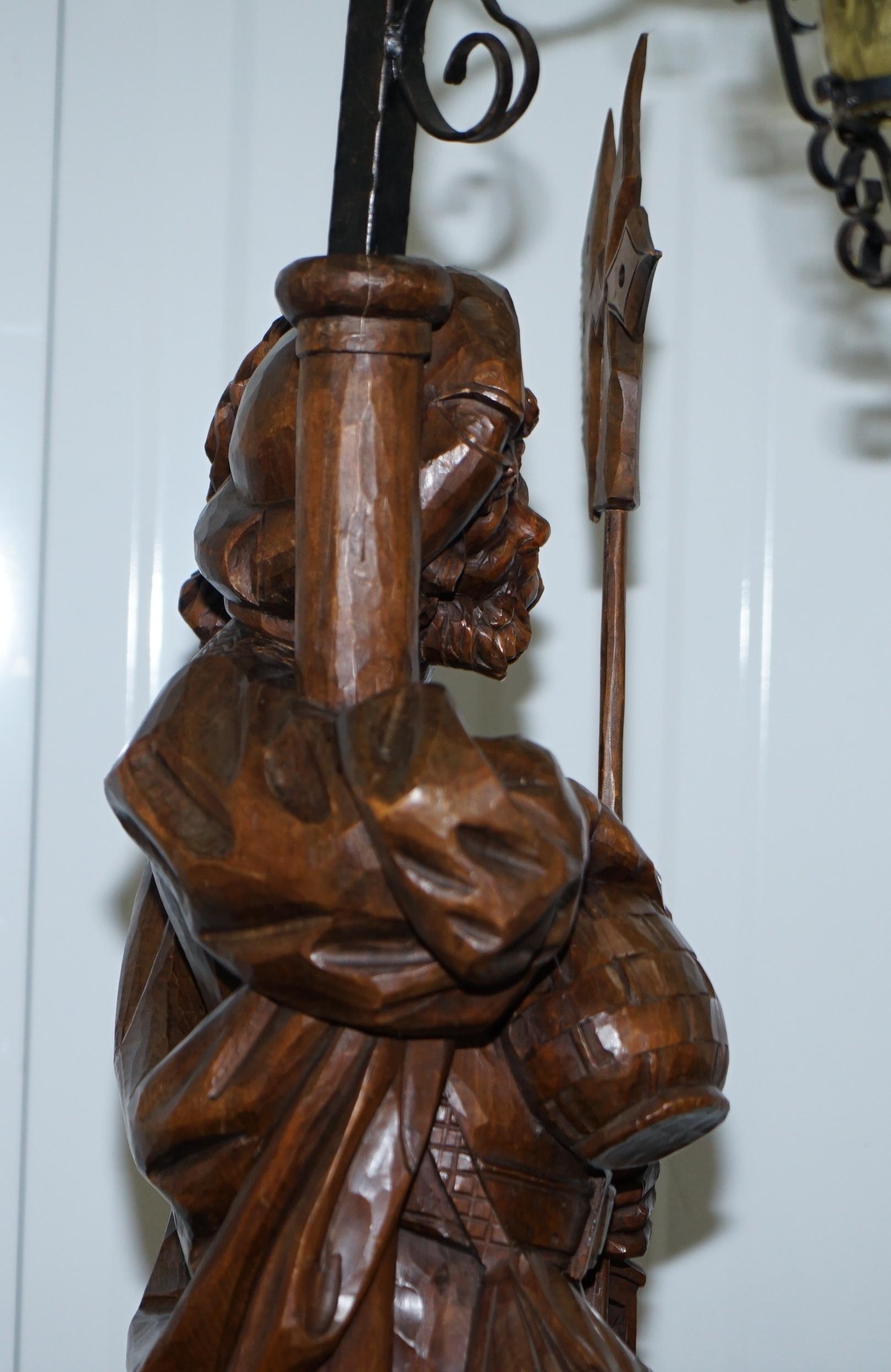 Rare circa 1920 Original Black Forest Hand Carved Wood Watchman Lamp For Sale 8
