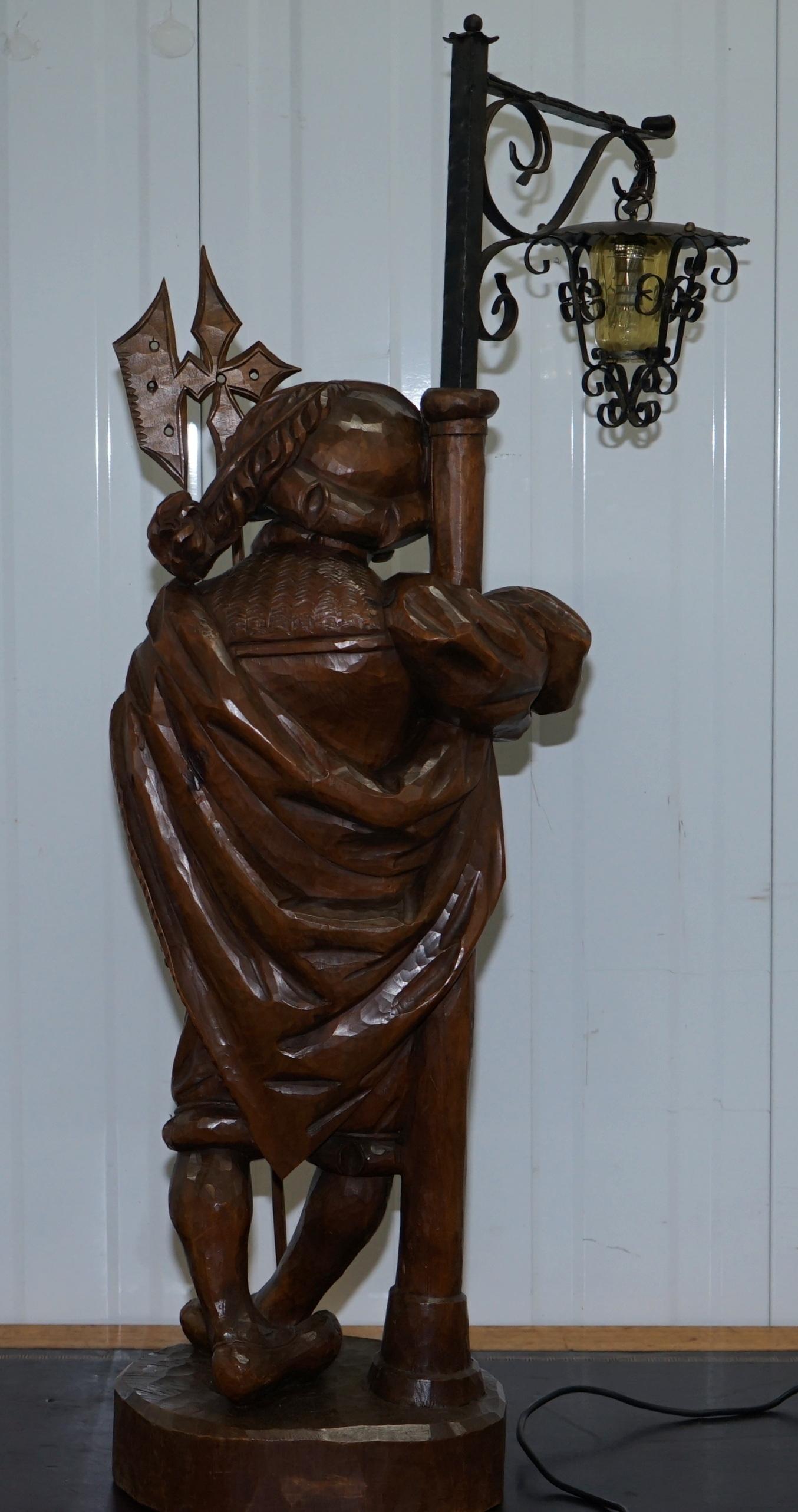 Rare circa 1920 Original Black Forest Hand Carved Wood Watchman Lamp For Sale 11