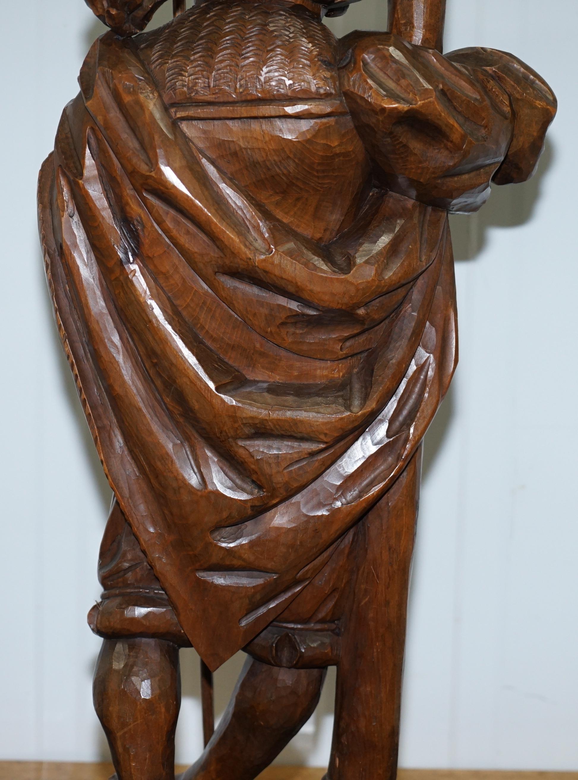 Rare circa 1920 Original Black Forest Hand Carved Wood Watchman Lamp For Sale 13