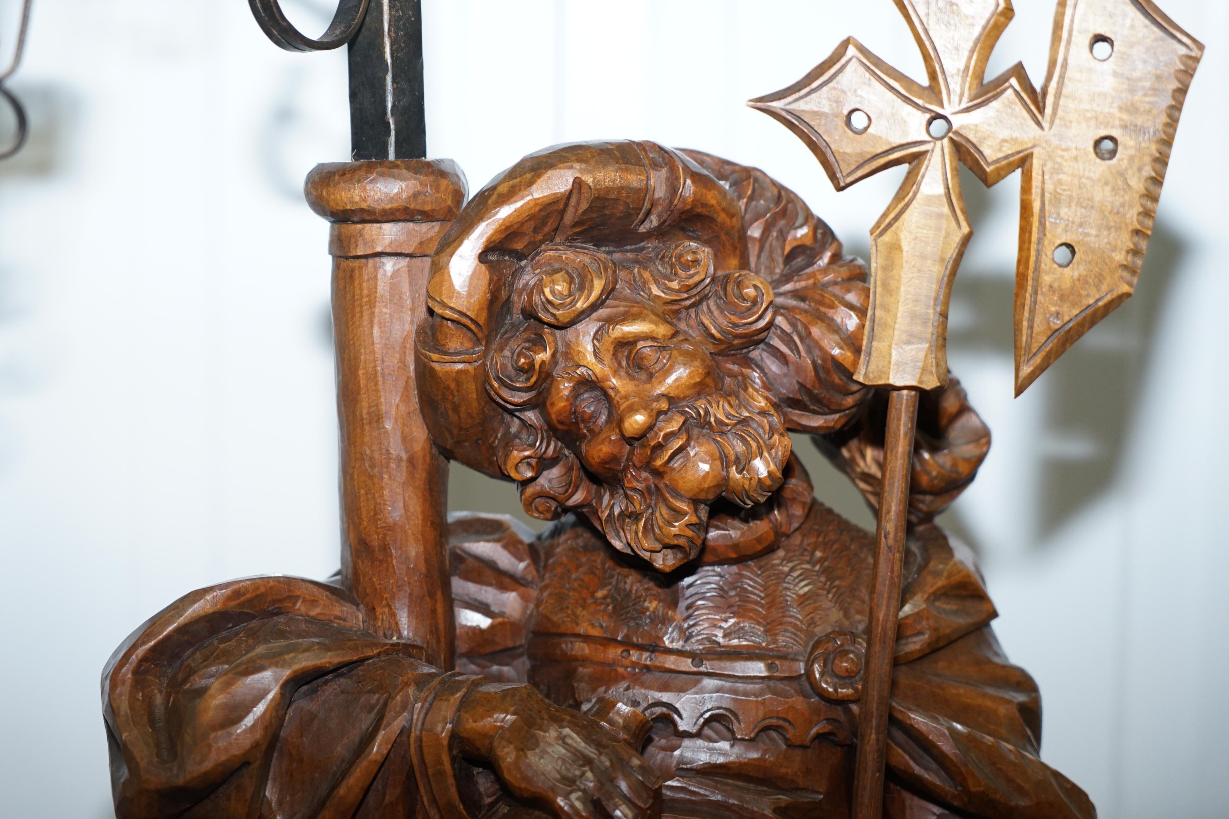 German Rare circa 1920 Original Black Forest Hand Carved Wood Watchman Lamp For Sale