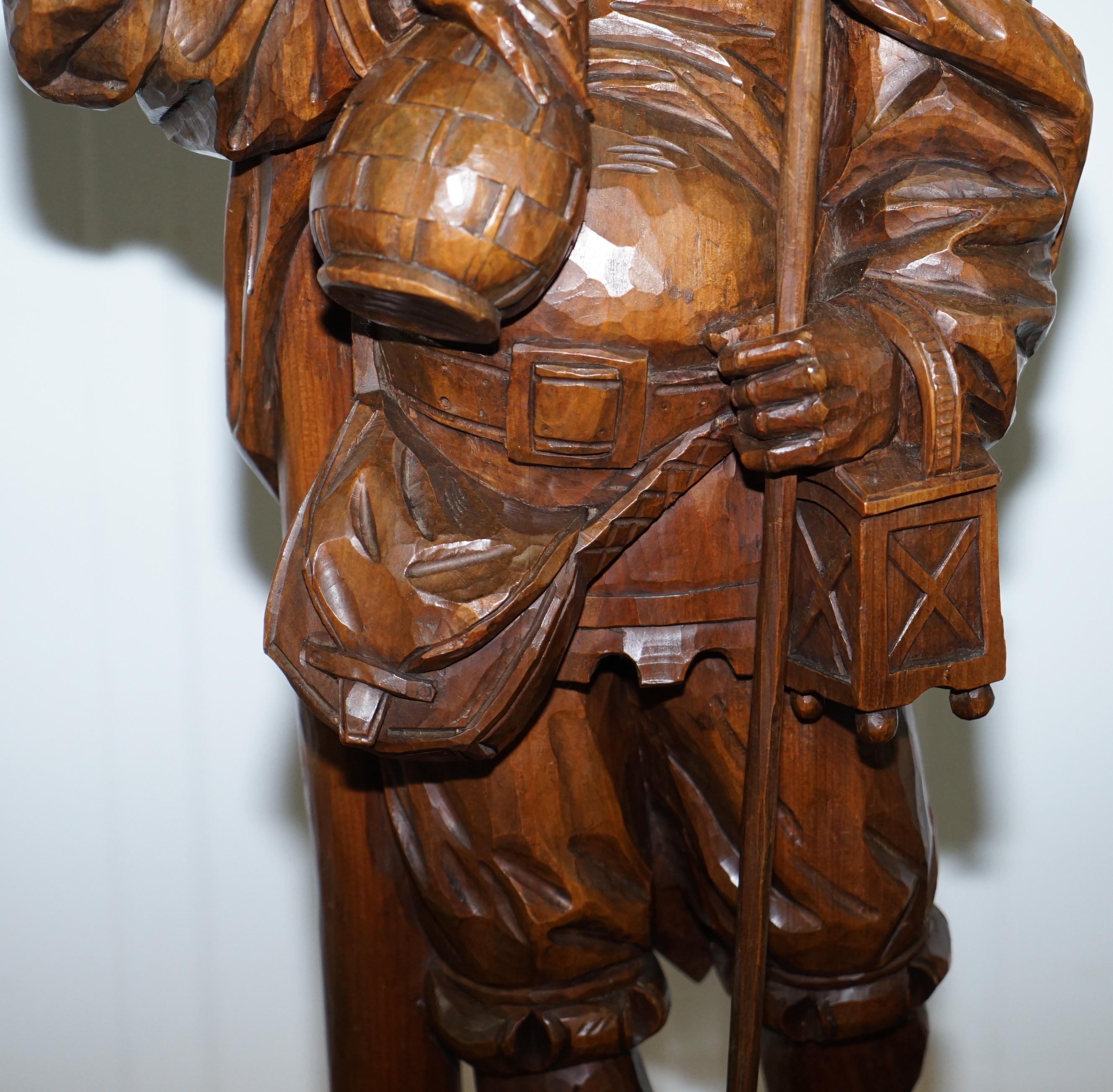 20th Century Rare circa 1920 Original Black Forest Hand Carved Wood Watchman Lamp For Sale