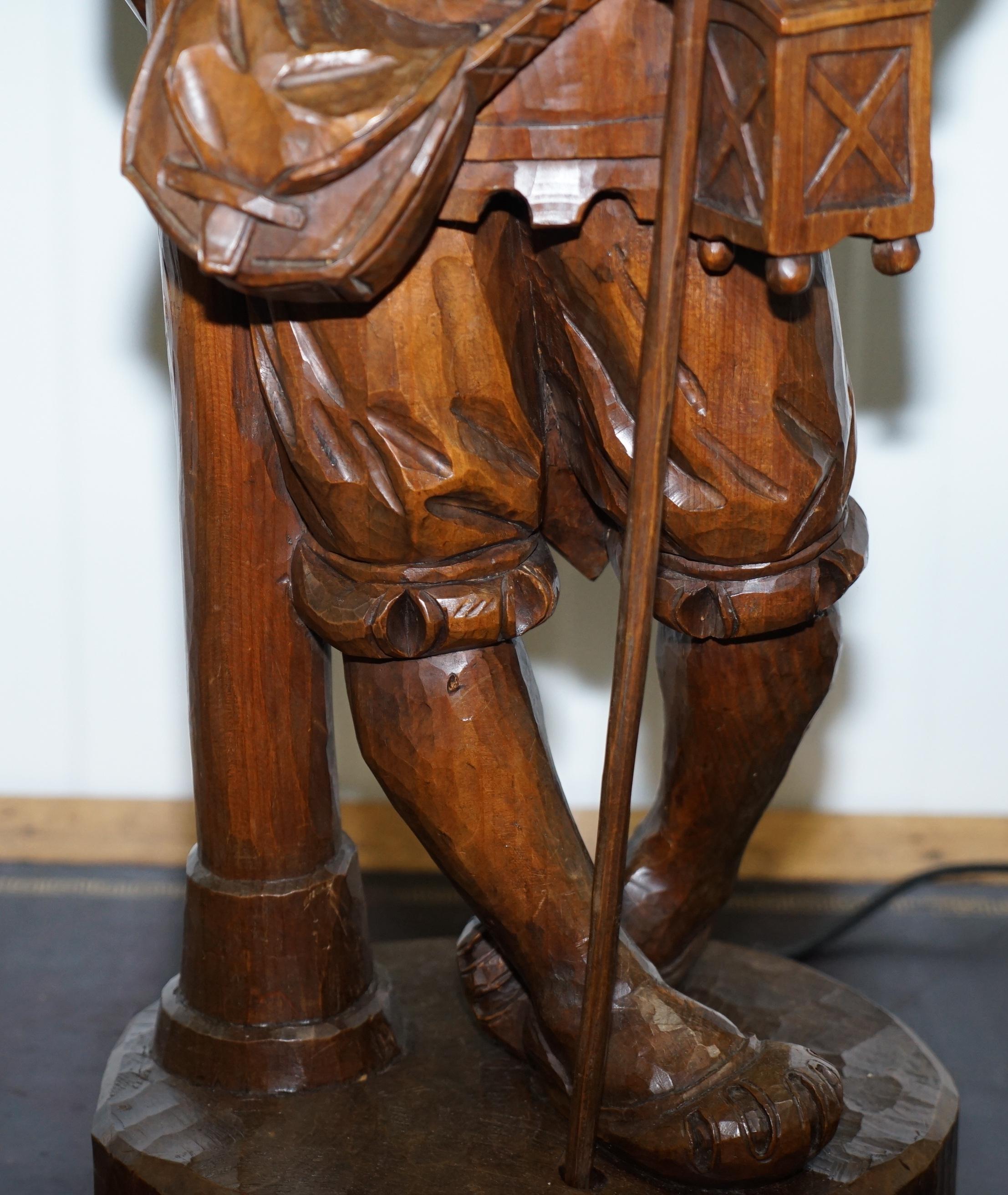 Rare circa 1920 Original Black Forest Hand Carved Wood Watchman Lamp For Sale 1