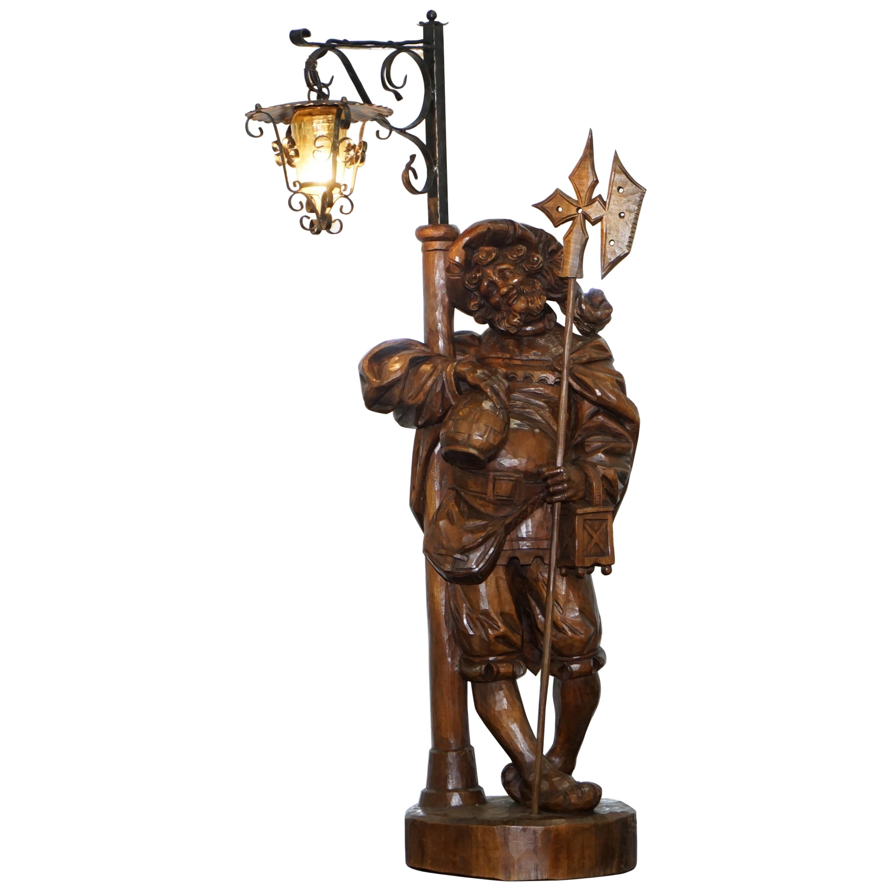 Rare circa 1920 Original Black Forest Hand Carved Wood Watchman Lamp
