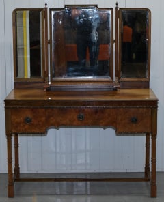 Rare circa 1920 Waring & Gillows Lancaster Burr Walnut Dressing Table Inc Mirror