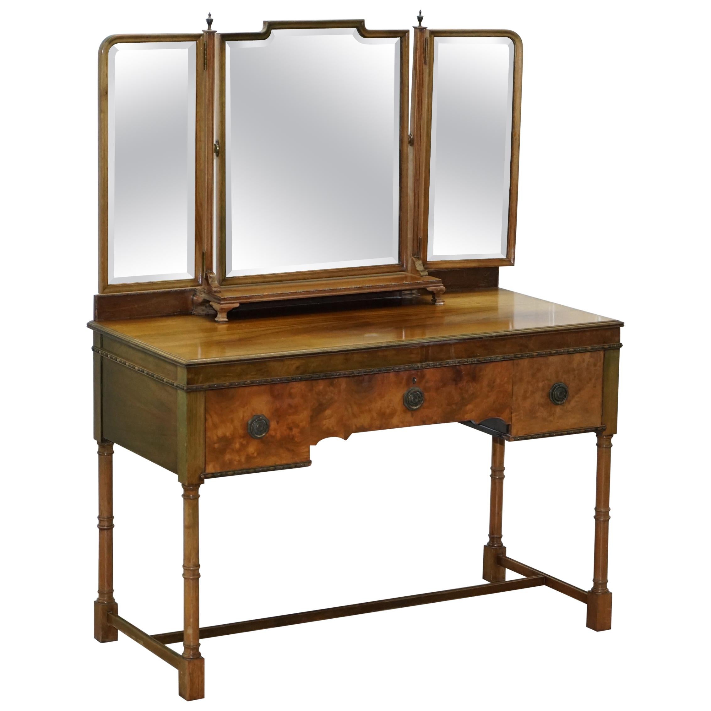 Rare circa 1920 Waring & Gillows Lancaster Burr Walnut Dressing Table Inc Mirror