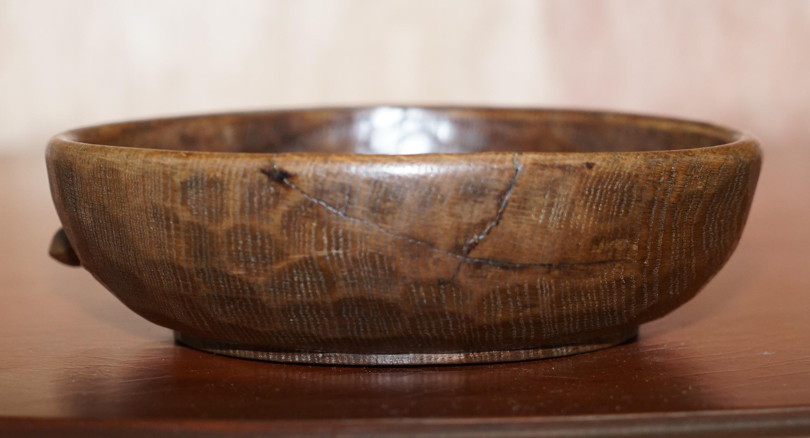 Rare circa 1950 Robert Thompson Mouseman Fruit Bowl Hand Carved Oak Distressed 4