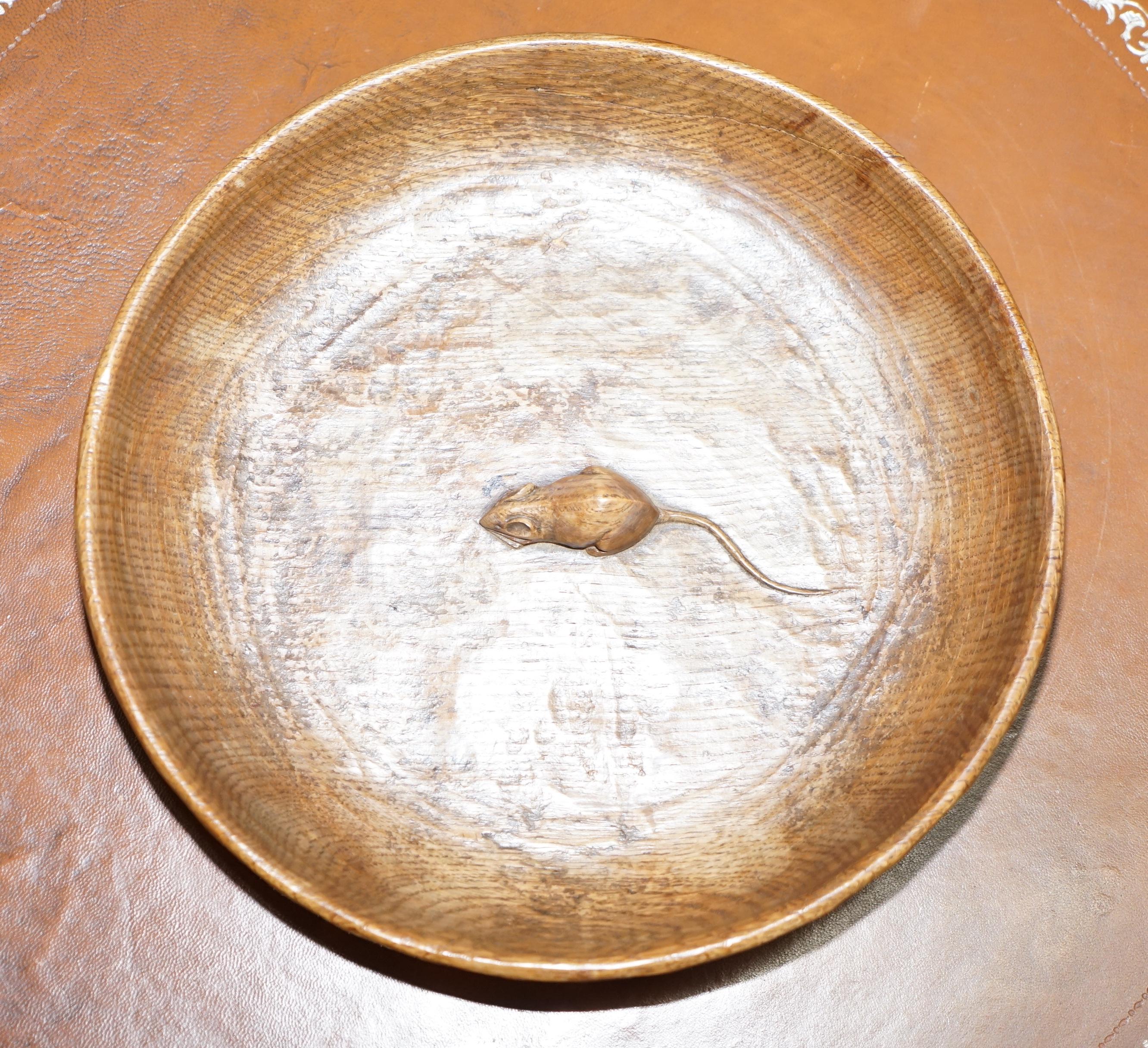English Rare circa 1960s Robert Thompson Mouseman Fruit Bowl Hand Carved Oak Distressed