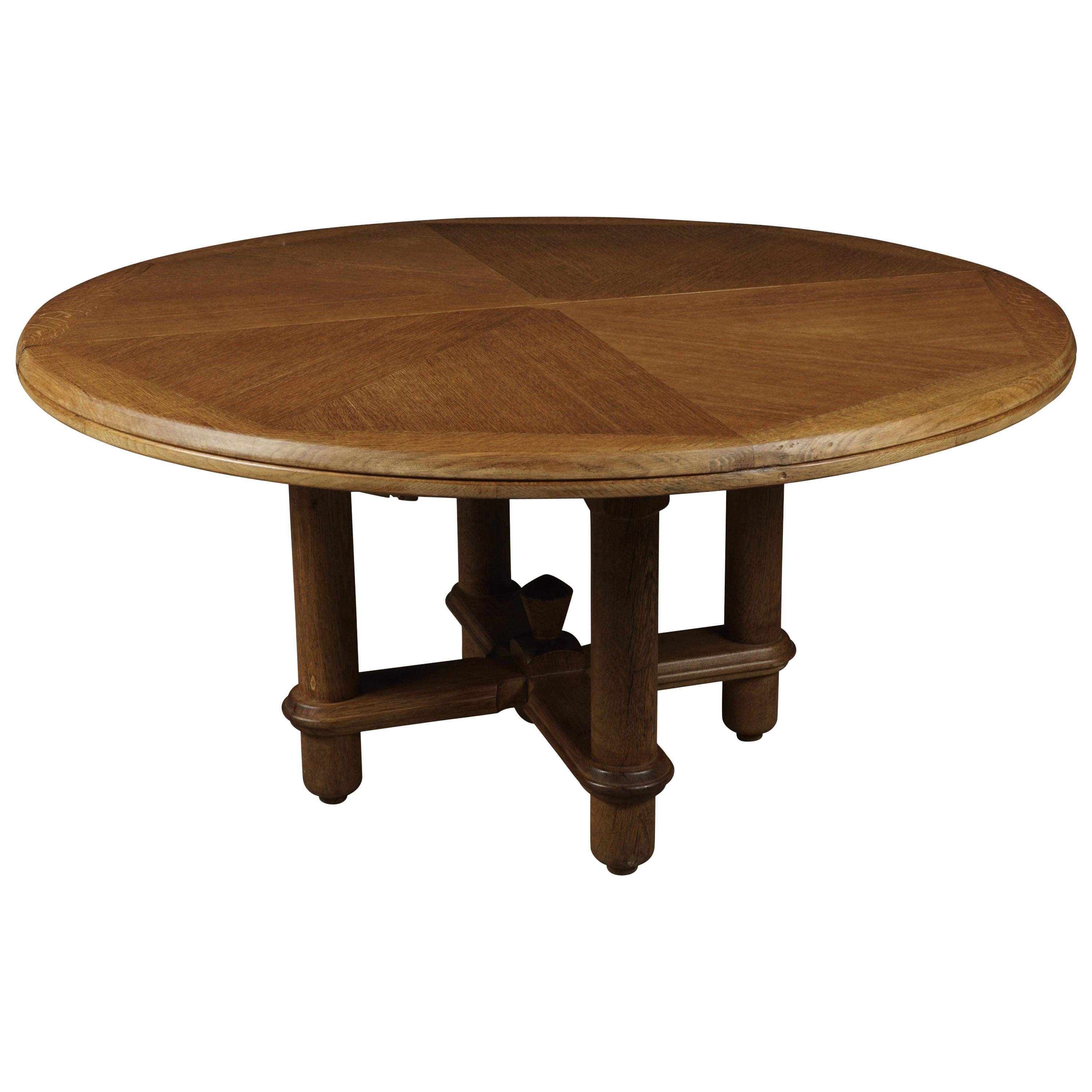 Rare Circular Oak Dining Table by Guillerme et Chambron, France, 1960s
