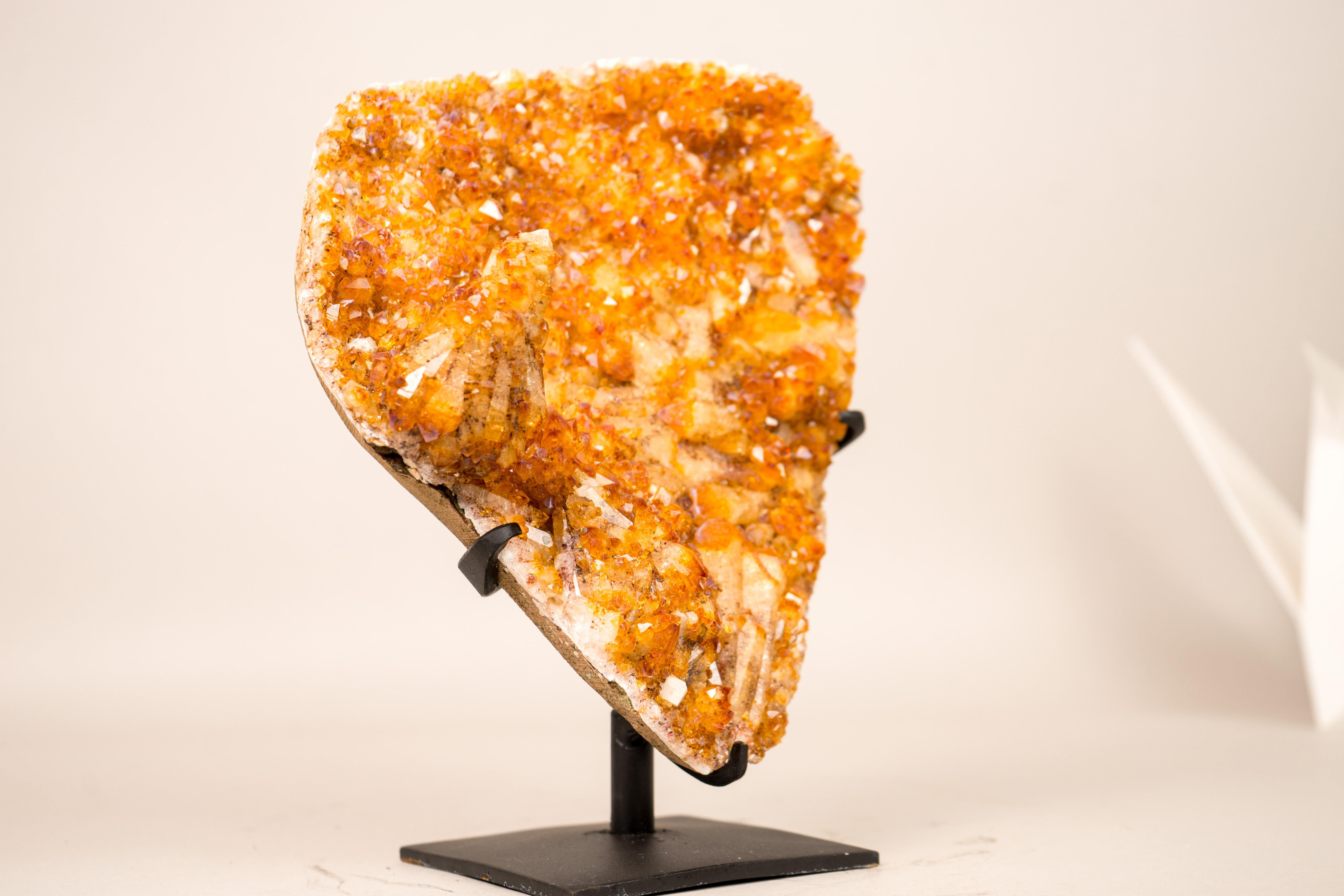 Contemporary Rare Citrine Cluster with Unique Crystallized Calcite on Stand For Sale