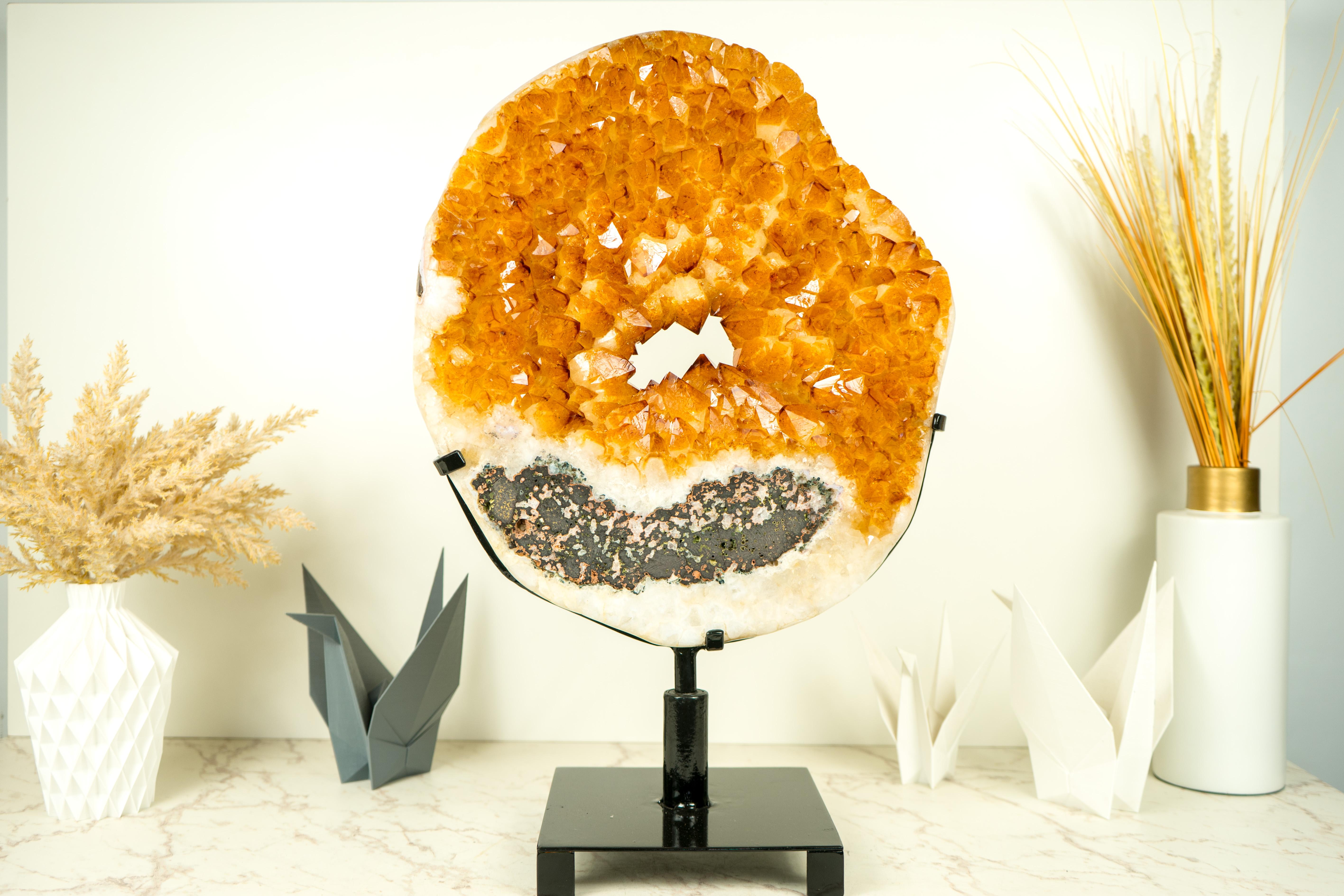 Large Citrine Geode Portal Slice with a Rare Crown Formation, AAA Golden Orange Citrine on Rotating Stand

▫️ Description

A rare, stunning Citrine Geode Portal, this natural artwork brings world-class aesthetics that match its warm, golden orange