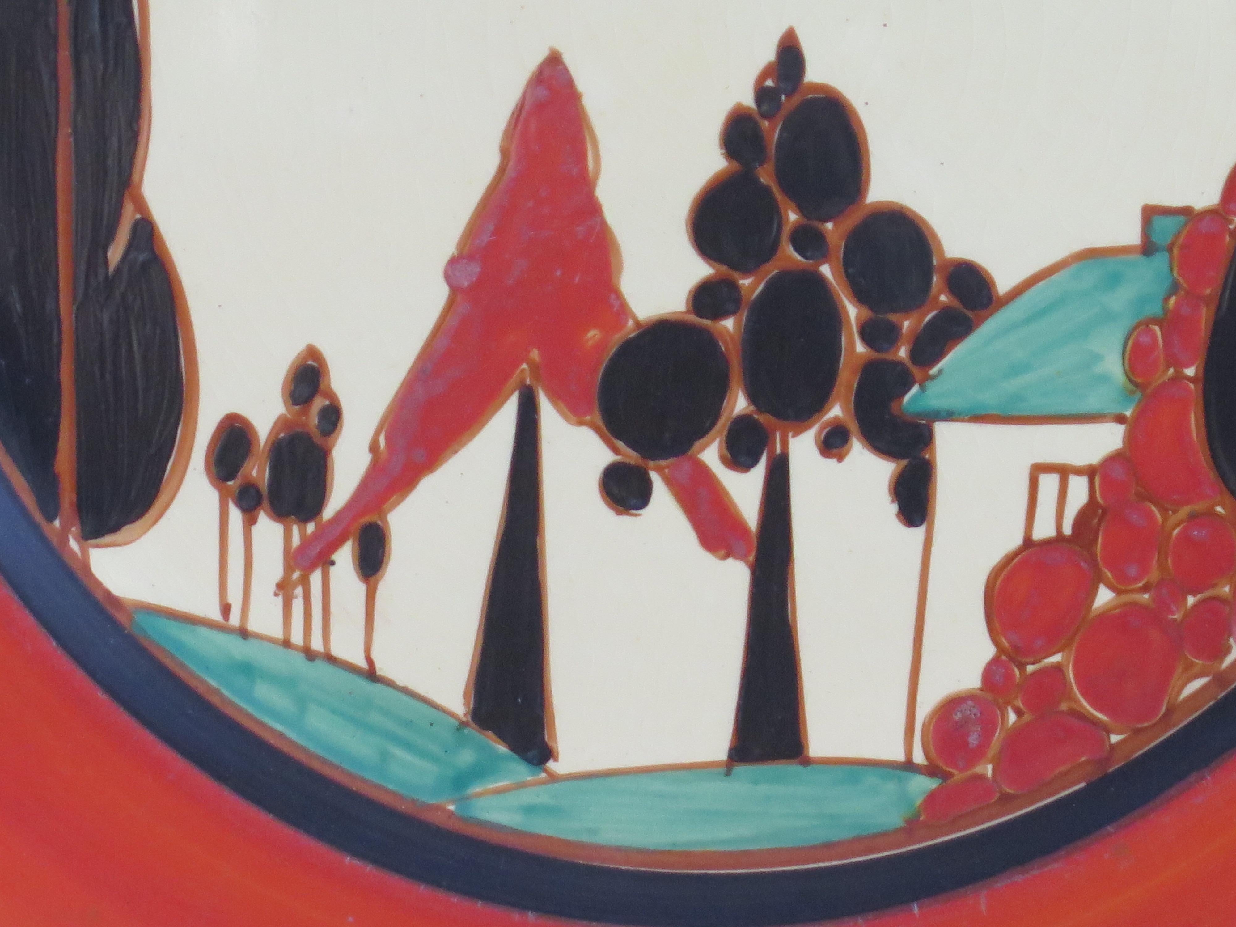 Clarice Cliff Großer Teller in Rot mit Bäumen und Fantasiemuster, um 1930 im Angebot 3