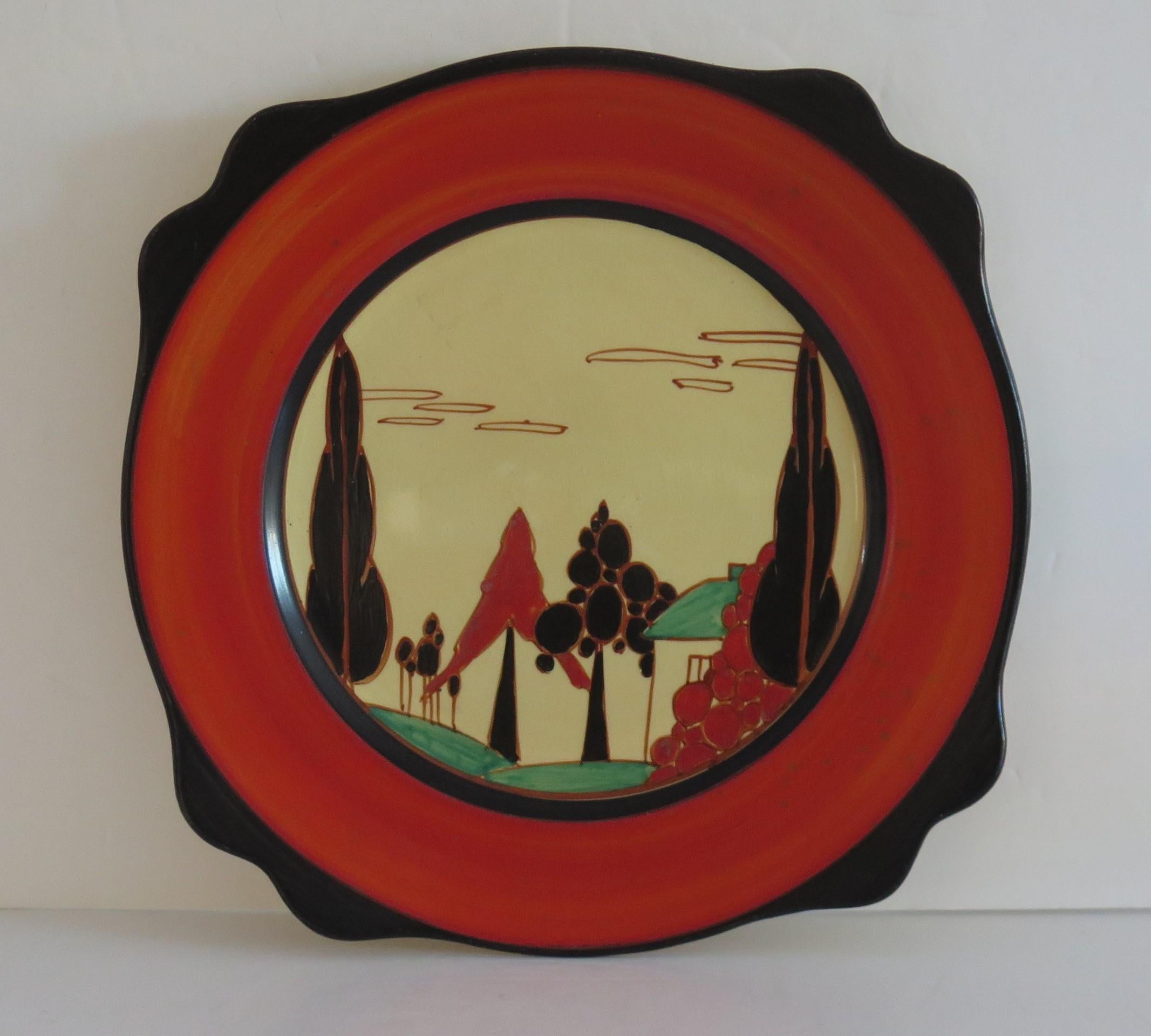 Art Deco Clarice Cliff Large Plate in Red Trees & House Fantasque Pattern, Circa 1930 For Sale